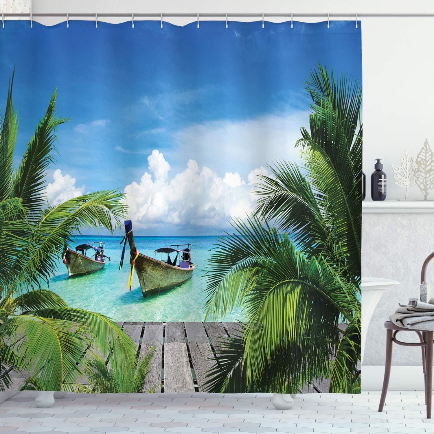 Ambesonne Tropical Shower Curtain, Beach and Tropical Sea Wooden Deck Floating Boats Sunshine Idyllic Daytime, Cloth Fabric Bathroom Decor Set with Hooks, 69" W x 75" L, Green Gray