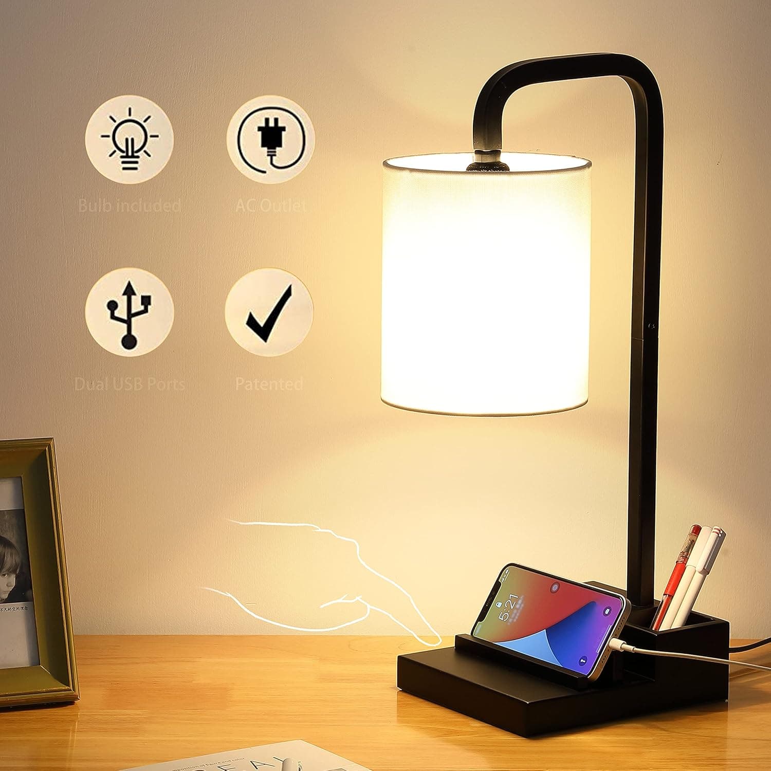 3-Way Dimmable Touch Control Lamps for Nightstand, Bedside Lamp with USB Ports & Outlet, Linen Shade, 2 Phone Stand & 1 Pen Holder, Modern Desk Lamp Side Table Lamp for Bedroom Living Room Reading