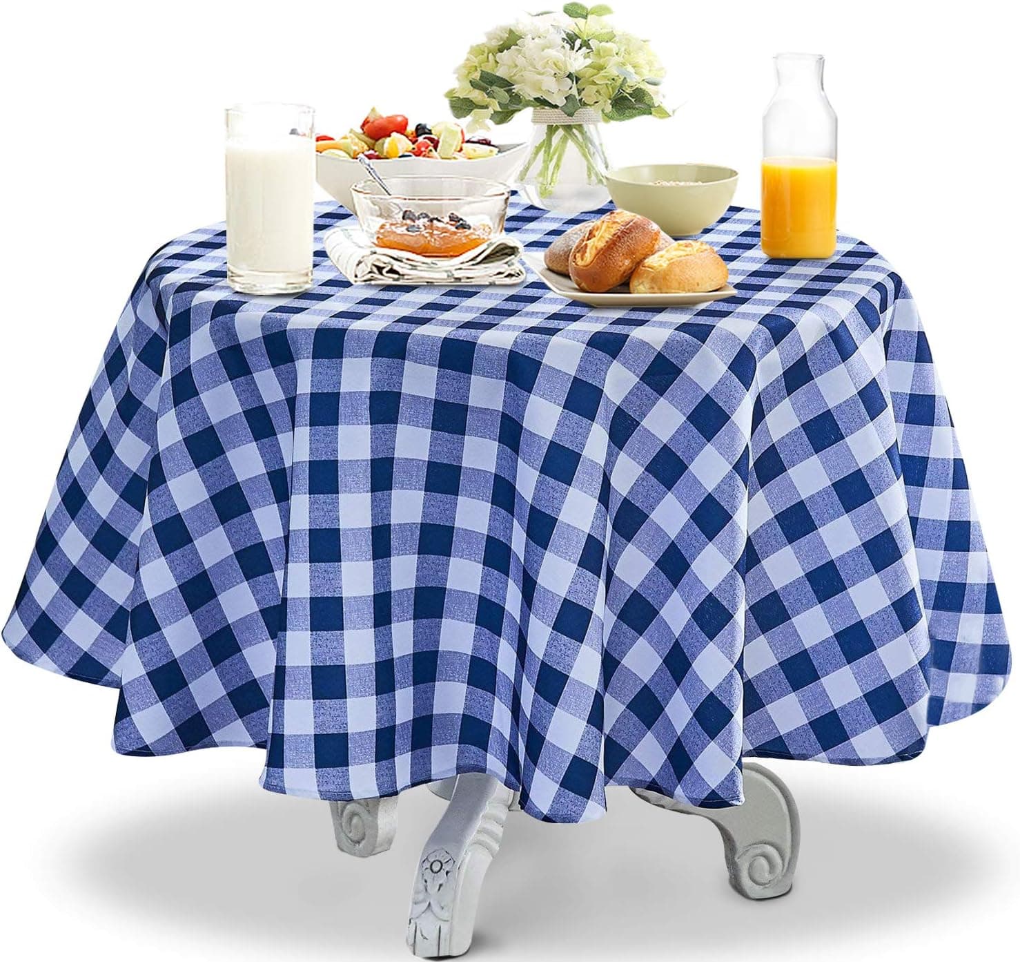 YEMYHOM 100% Polyester Spillproof Christmas Tablecloth for Round Tables 60 Inch Indoor Outdoor Camping Picnic Holiday Circle Table Cloth (Dark Blue and White Checkered)