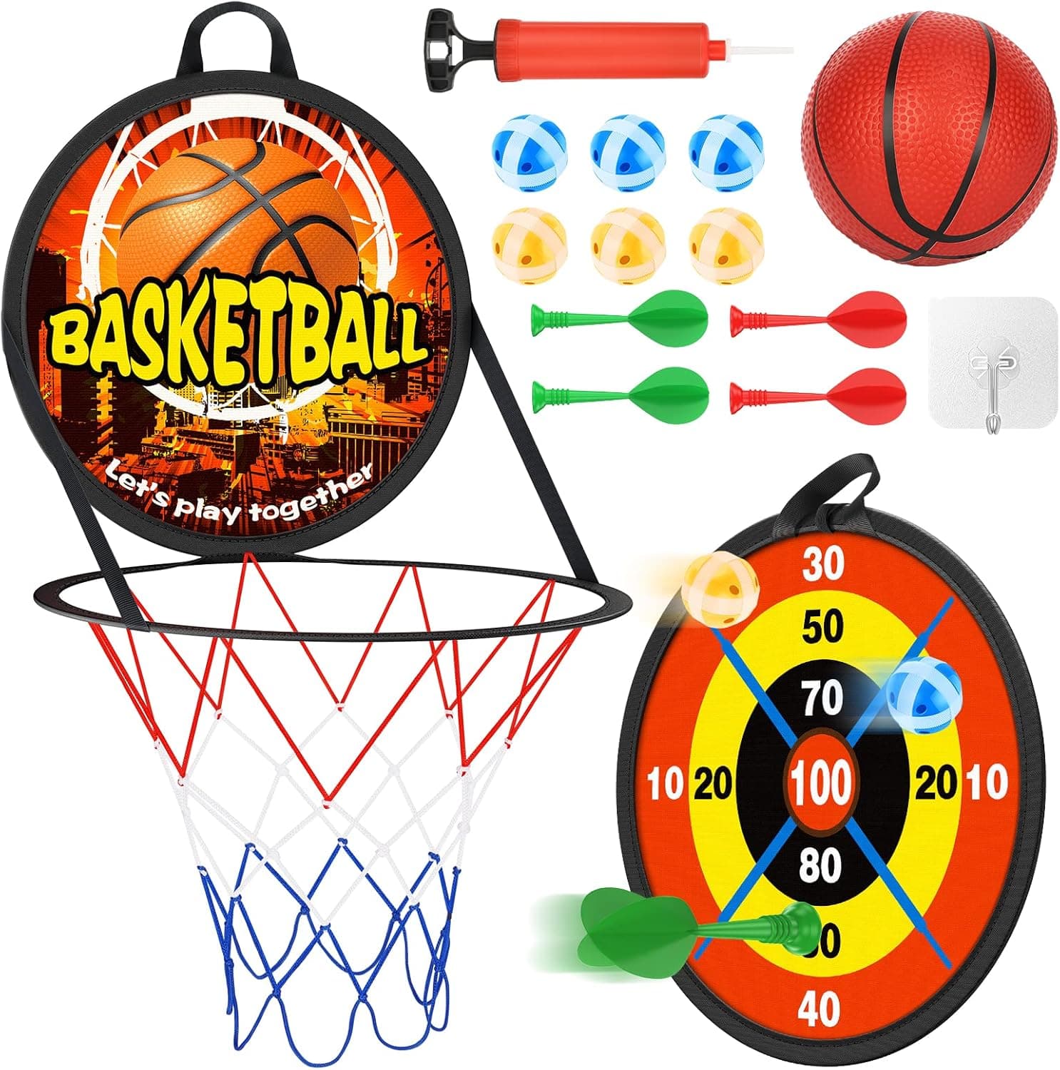 Dart Board for Kids, Dart Board Basketball Hoop 13 pcs kit, Kids Toys, Boy Toys Double Sided Dart Board with Balls & Darts, Sports & Outdoor Play Toys Christmas Birthday Gifts for Kids