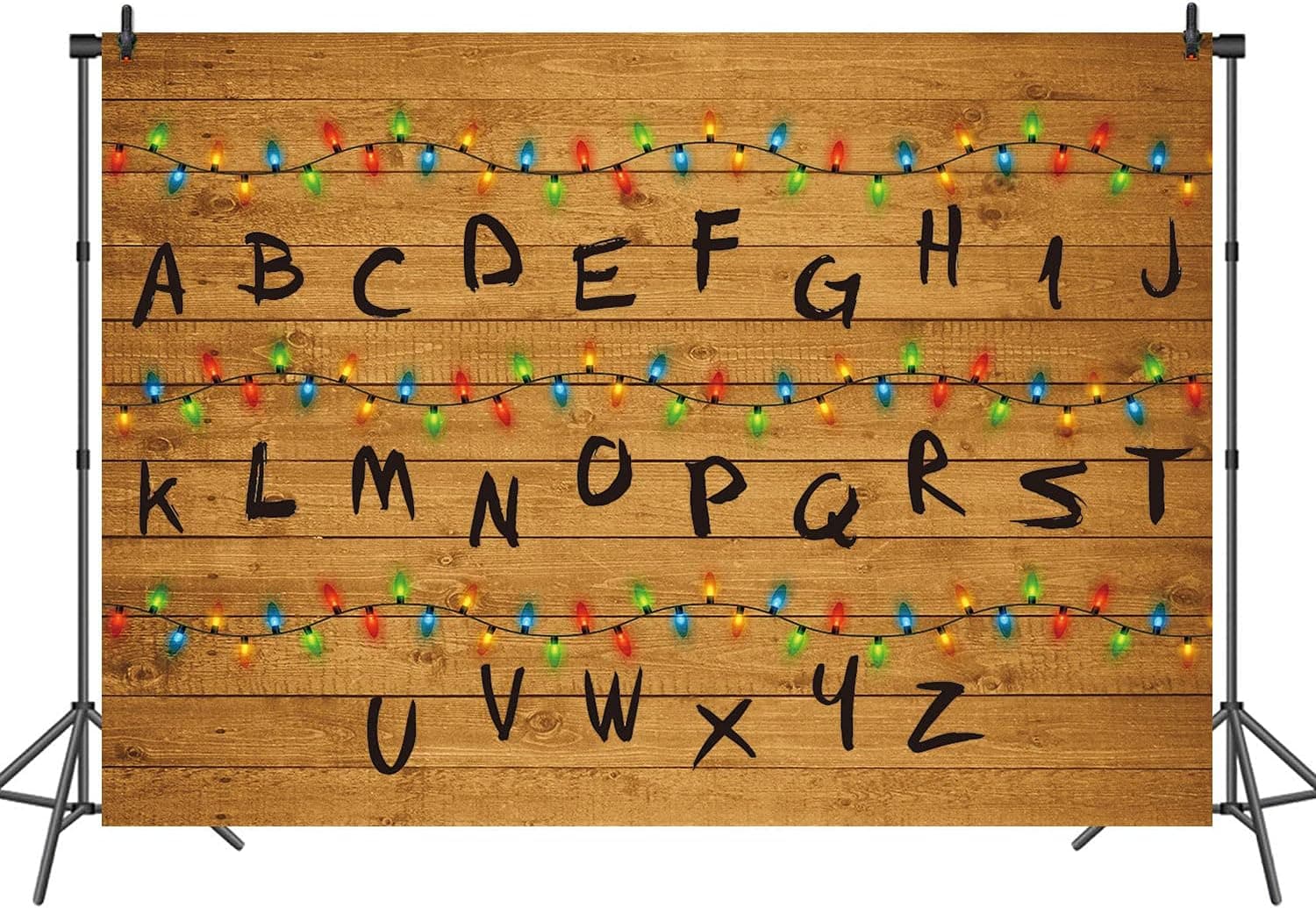 INRUI Stranger Series Theme Photography Backdrop Alphabet Wood Colourful Light String Birthday Party Decorations Banner Supplies (8x6FT)