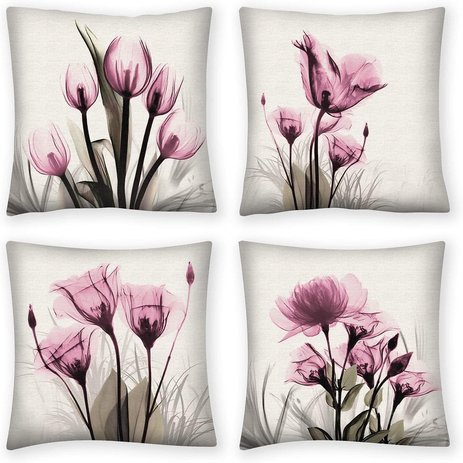 Throw Pillow Covers 18x18 Set of 4, Decorative Pillows for Couch Bed, Sofa Pillows Decorations for Living Room, Pink Flower Outdoor Pillows Couch Cushion Covers for Home Bedroom Car