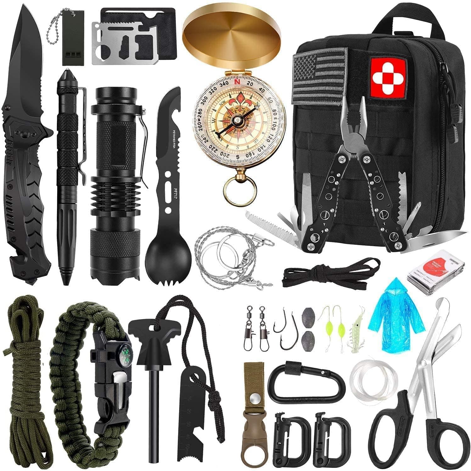 Survival Kit, 32 in 1 Professional Emergency Survival Gear Equipment Tools First Aid Supplies with Molle Pouch Gifts Ideas for Men Families SOS Tactical Hiking Hunting Disaster