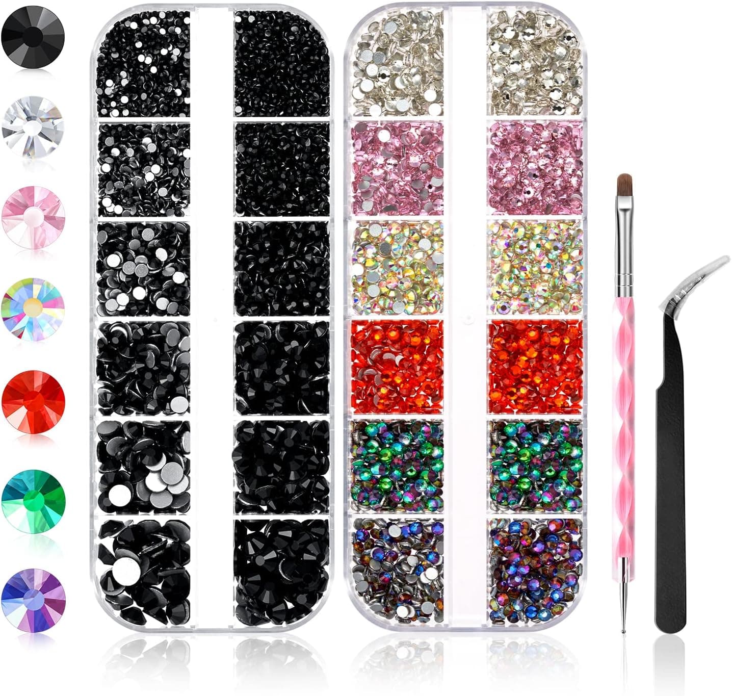 Modelones 5440Pcs Black Glass Rhinestones Kit with Picking Tweezers, 6 Sizes(1.5-6.5 mm) Flatback Crystal Gems Mixed Black Red Iridescent Purple Green Rhinestone for Crafts Makeup Nail Art Decorations