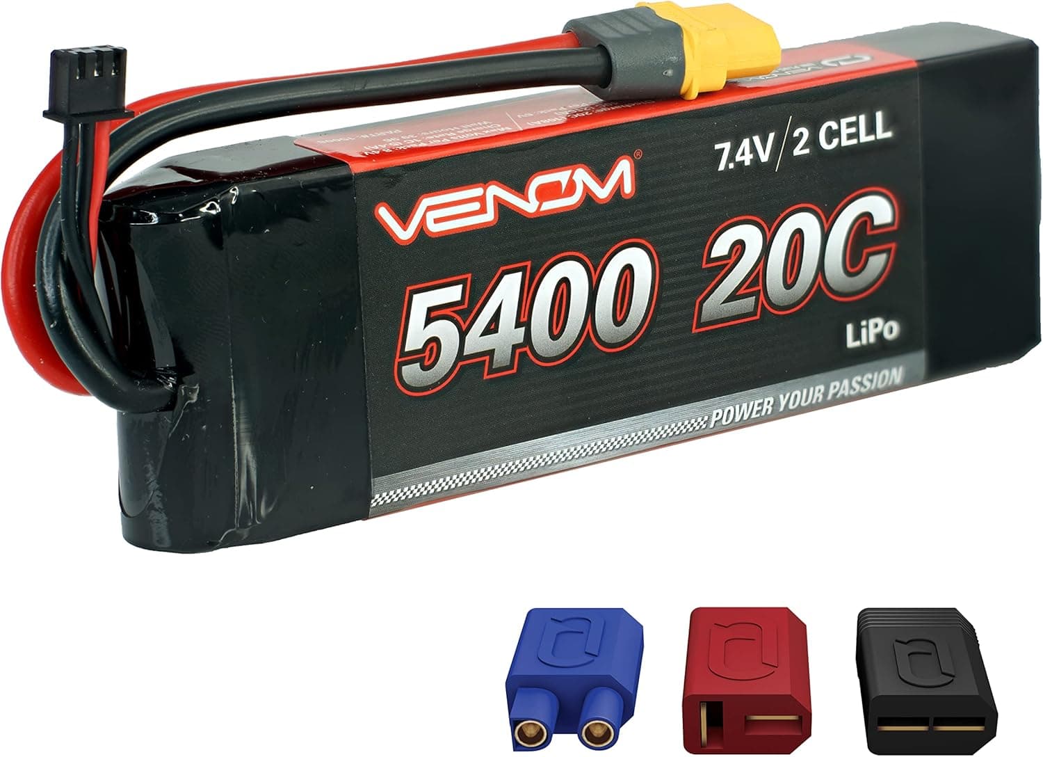 Venom Drive Series 20C 2S 5400mAh 7.4V LiPo Battery - Includes 12 AWG Soft Silicone Wire Connector, Patented Universal Plug/Adapter System Compatible with Deans, Traxxas, and EC3 Plug Types