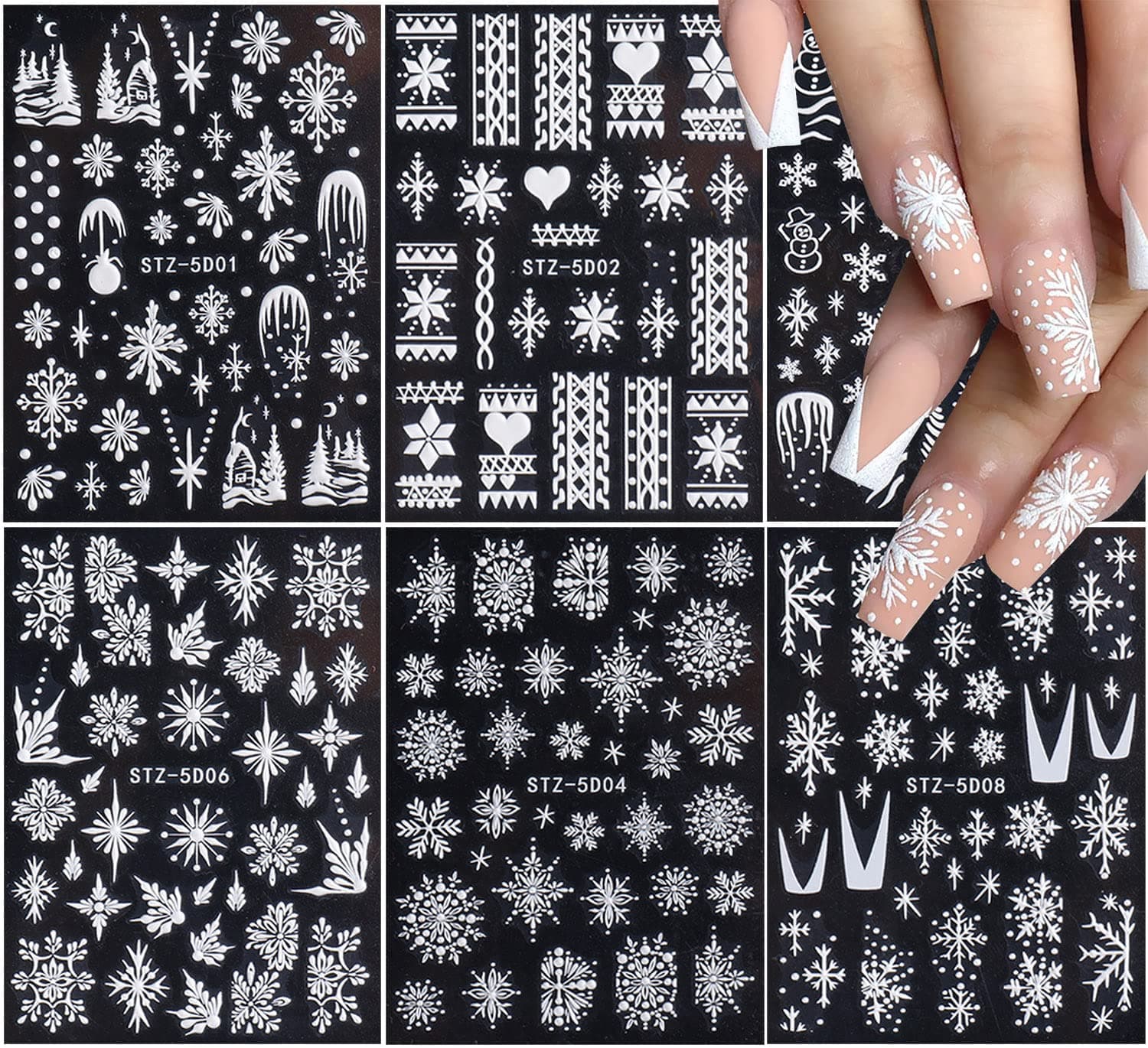 6 Sheets 5D Snowflake Nail Art Stickers Stereoscopic Embossed Whiter Snowflakes Nail Decals Winter Christmas Nail Stickers Xmas Tree Snowman Snowflake Nail Design for Christmas Nail Art Decoration
