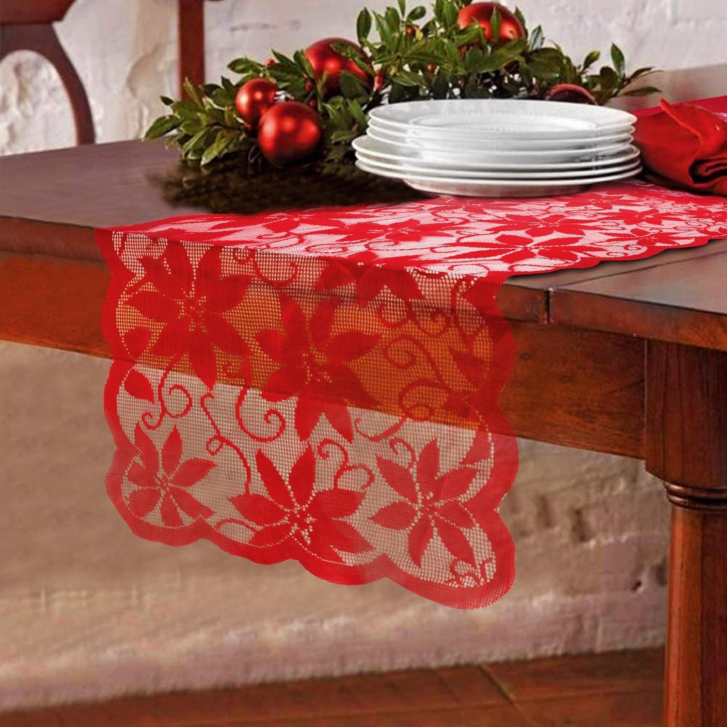 CNVOILA Christmas Table Runner with Red Leaves, Festival Theme Color Lace Christmas Table Decoration for Parties & Gatherings, Merry Christmas Holiday Party Table Runner, 13 * 72 Inch
