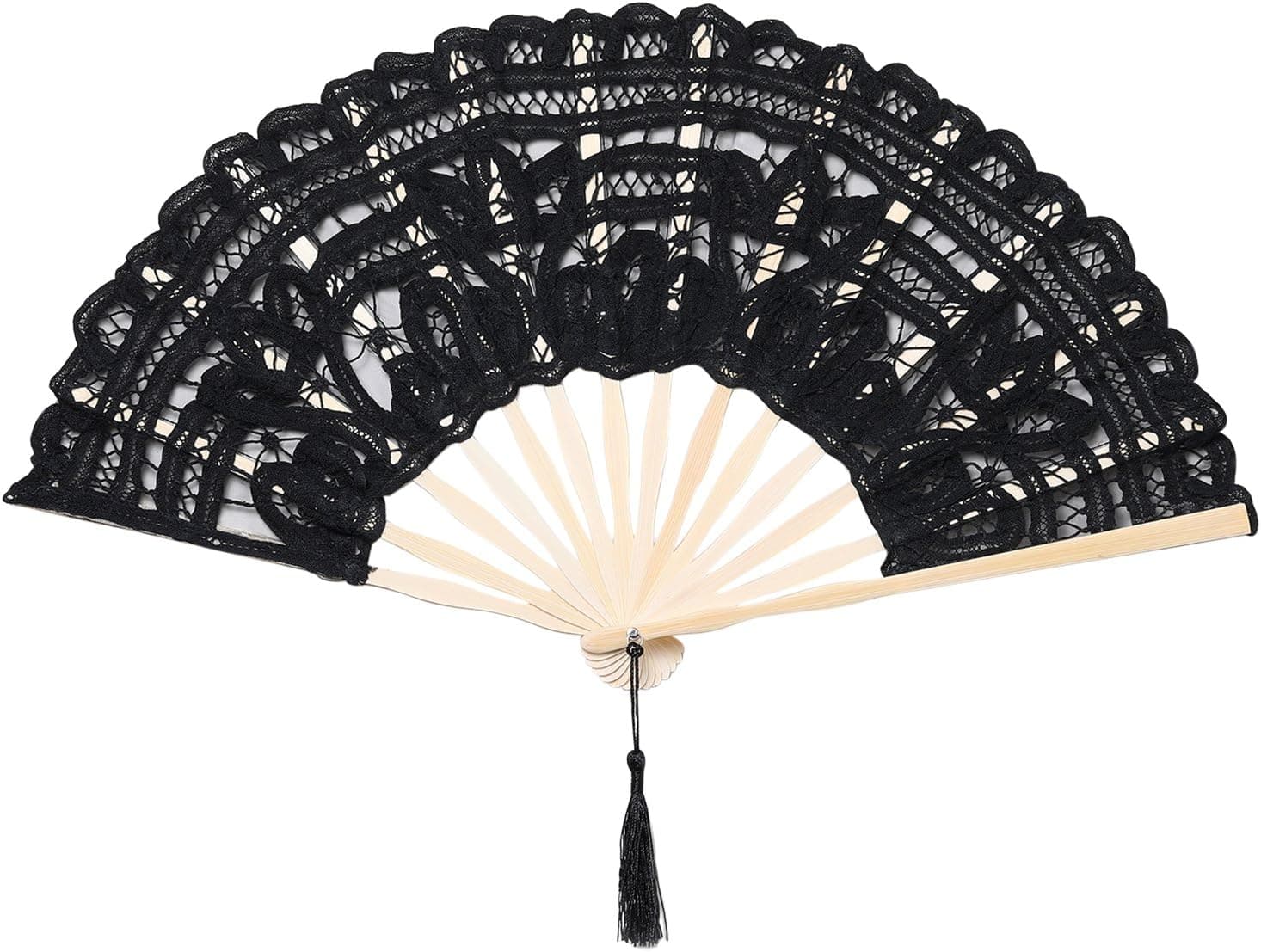 BABEYOND Cotton Lace Folding Handheld Fan Embroidered Bridal Hand Fan with Bamboo Staves for Wedding Decoration Dancing Party (Black)