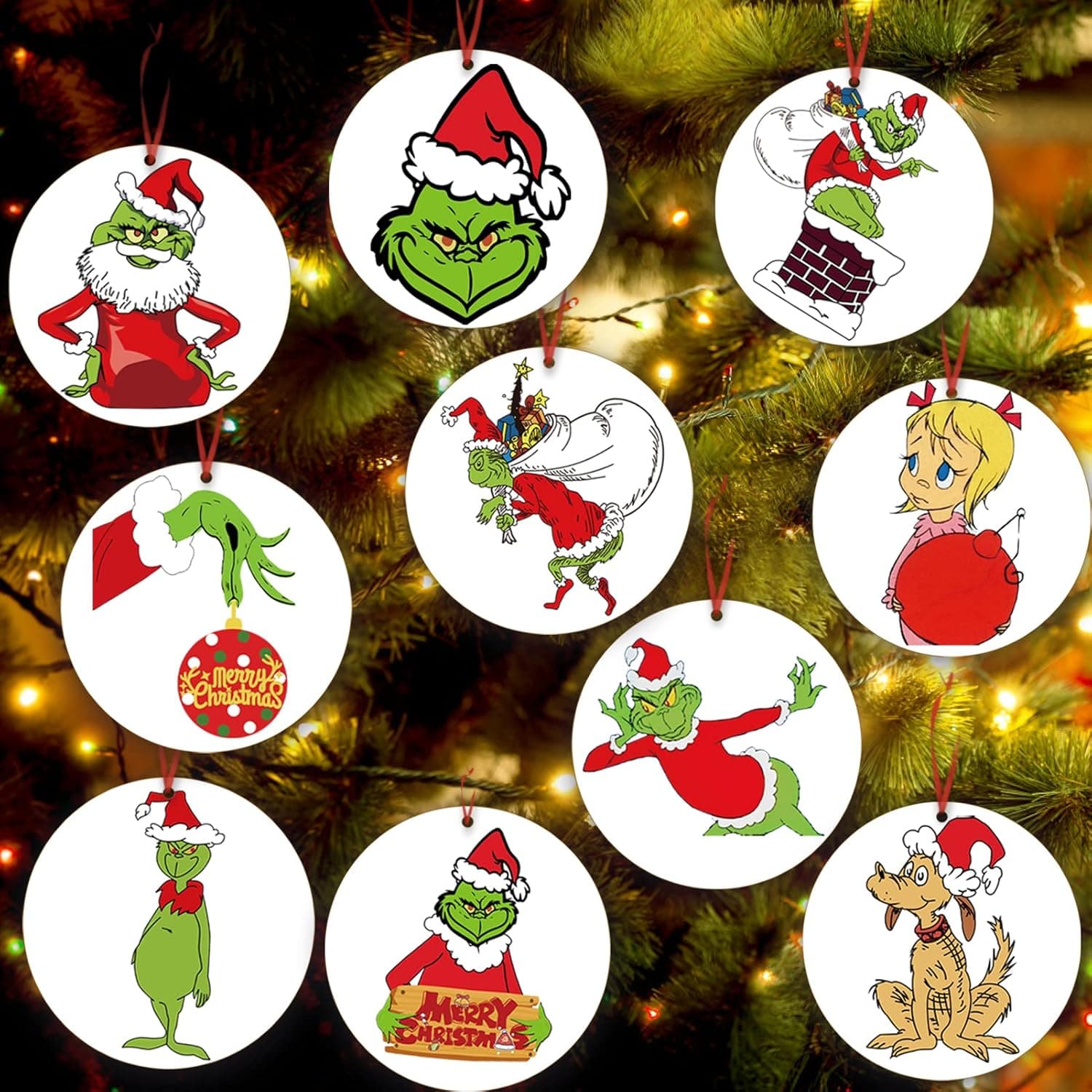 10pcs Grinch Christmas Ornaments for Tree Decorations Santa Round Wooden Grinch Tree for Merry Grinchmas Grinch Party Decorations