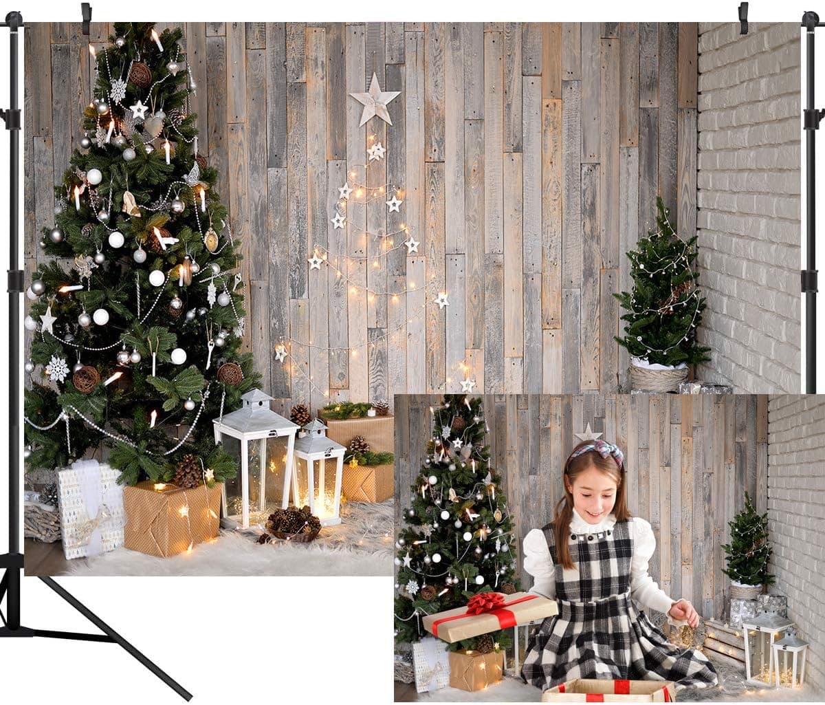 DULUDA Christmas Rustic Wooden Wall Backdrops for Photography Tree Gift Interior Decorations for Xmas Party Supplies Pictorial Background Photo Studio Prop 5X3FT XM63F