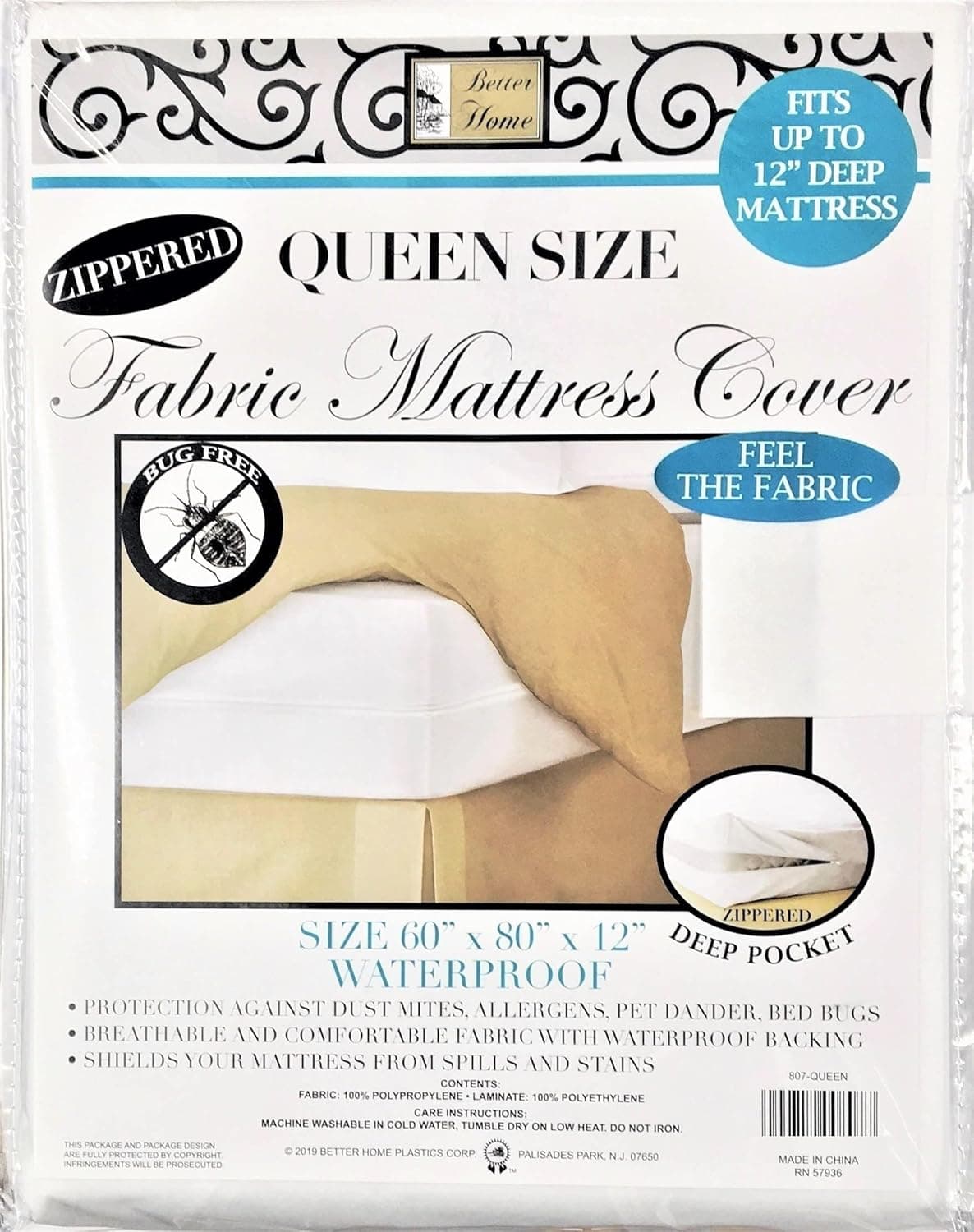 Better Home Fabric Mattress Cover Zippered Waterproof and Dust Protector 12" Depth, Queen