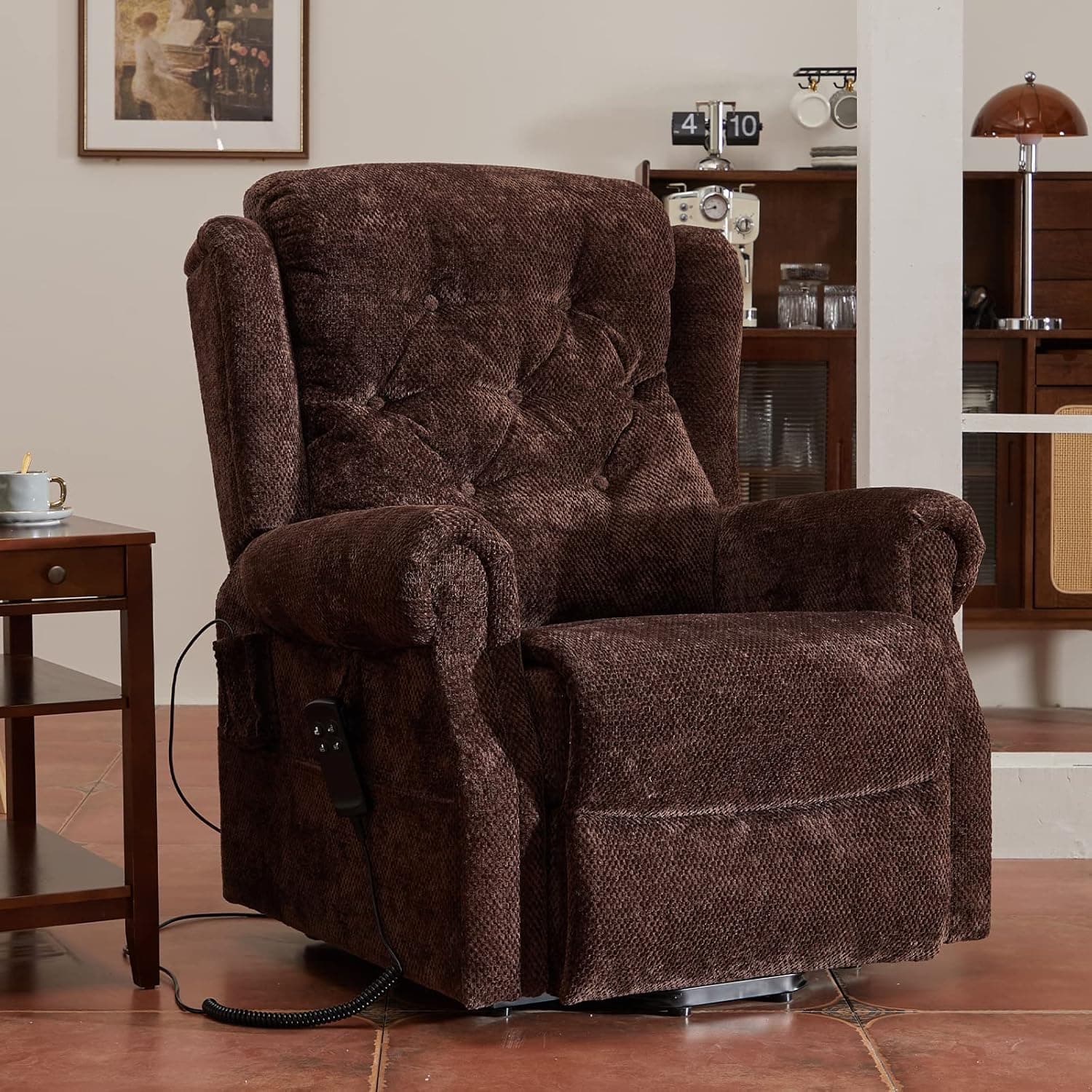 Irene House Lay Flat Lift Chair Recliners Dual Motor for Elderly Recliner Electric Power Sofa with Heat Massage, 2 Side Pockets,9199 (Chenille Brown)