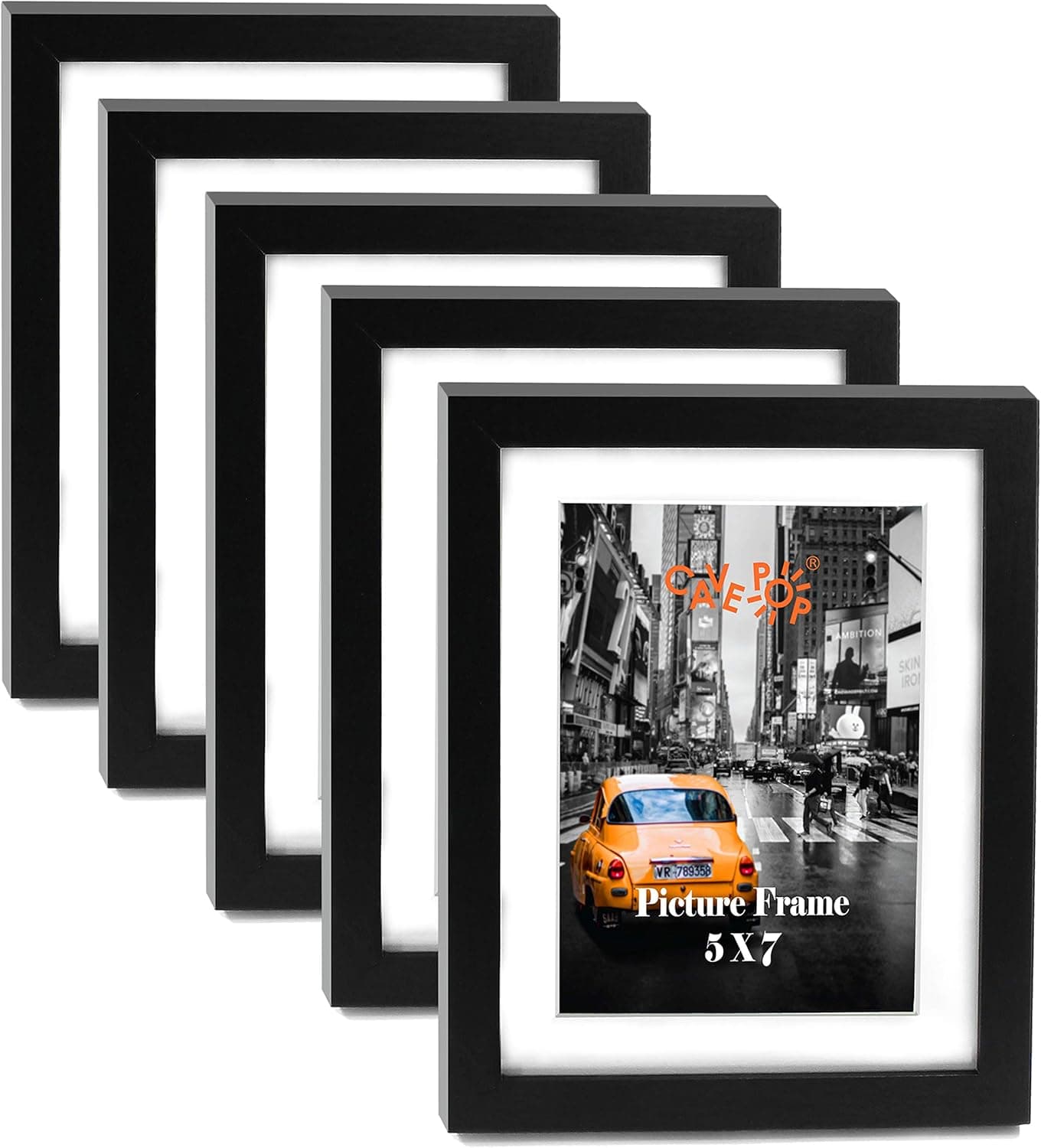 CAVEPOP 5x7 Black Picture Frames 5-Sets, Made to Display (6.25x8.25” Ivory Color Mat 5x7”) Collage Picture Frame Sets