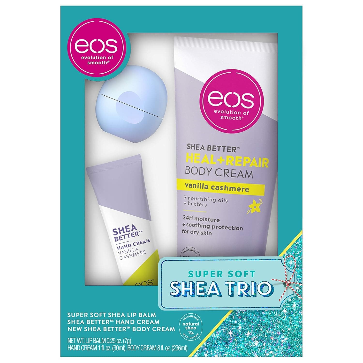eos Lip Balm, Hand and Body Lotion - Caramel Brulée Sleigh and Vanilla Cashmere | Skin Care Gift Set | 24 Hour Hydration | Gluten Free | 3 Pack