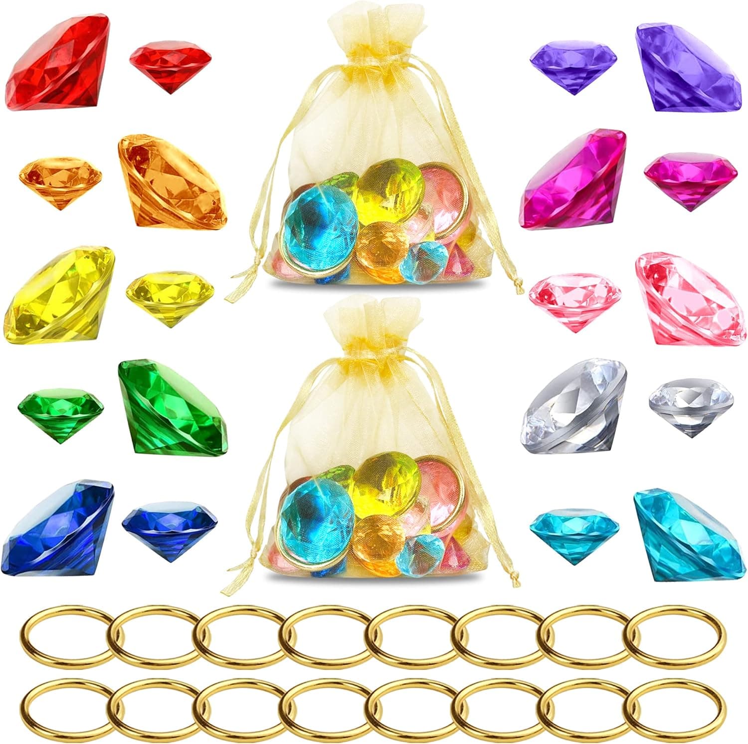 HAVAGDTM 104 PCS Acrylic Diamond Gemstone Toy Gemstone Treasure Alloy Round Ring Set Pirate Treasure Hunt with Goody Bag Party Favors Birthday Prizes