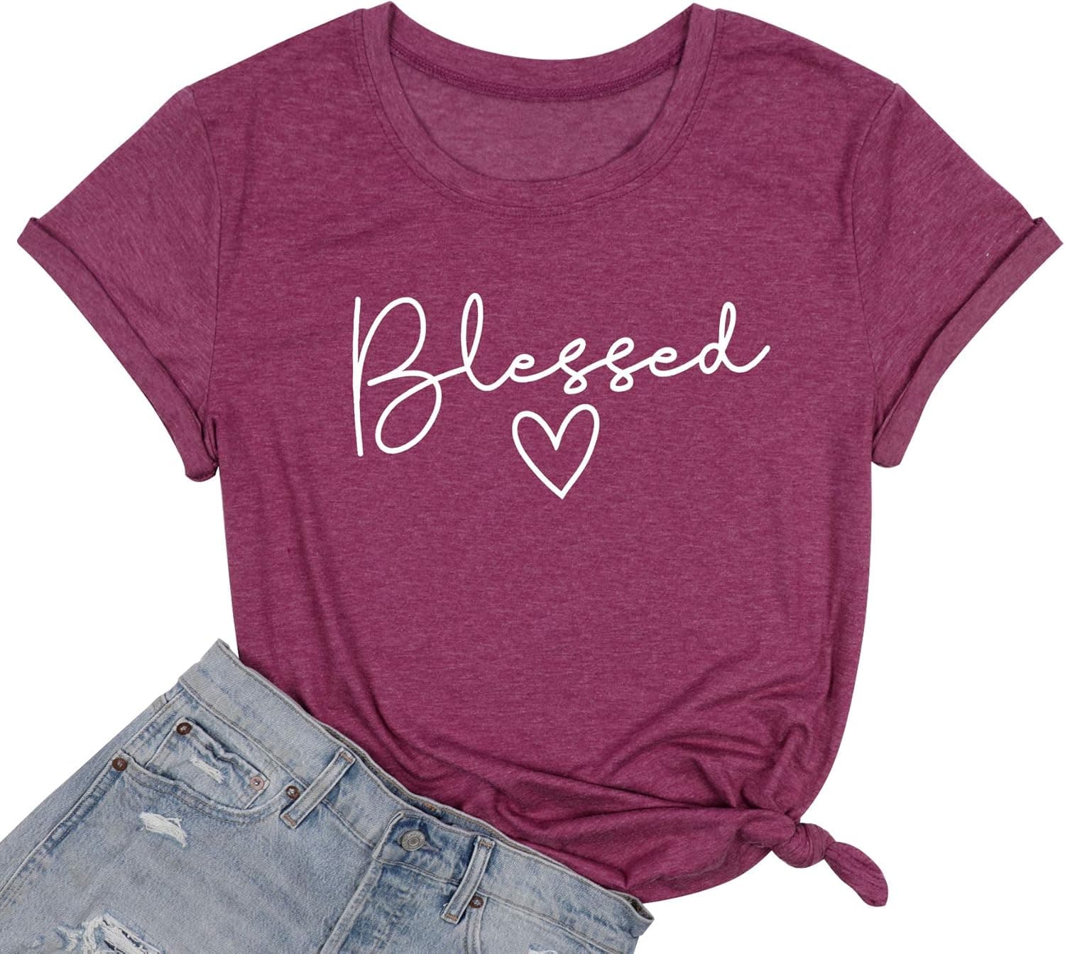 Blessed T-Shirt for Women Simple Sayings Heart Shirts Casual Short Sleeve Tee Tops