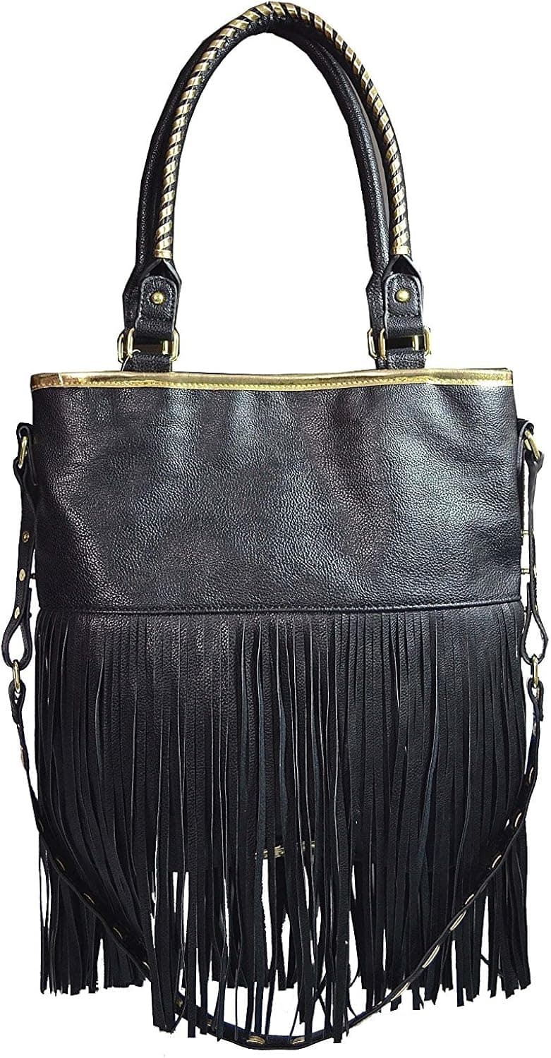 Steve Madden Women's Large Fringy Tote Handbag (Black/Gold)