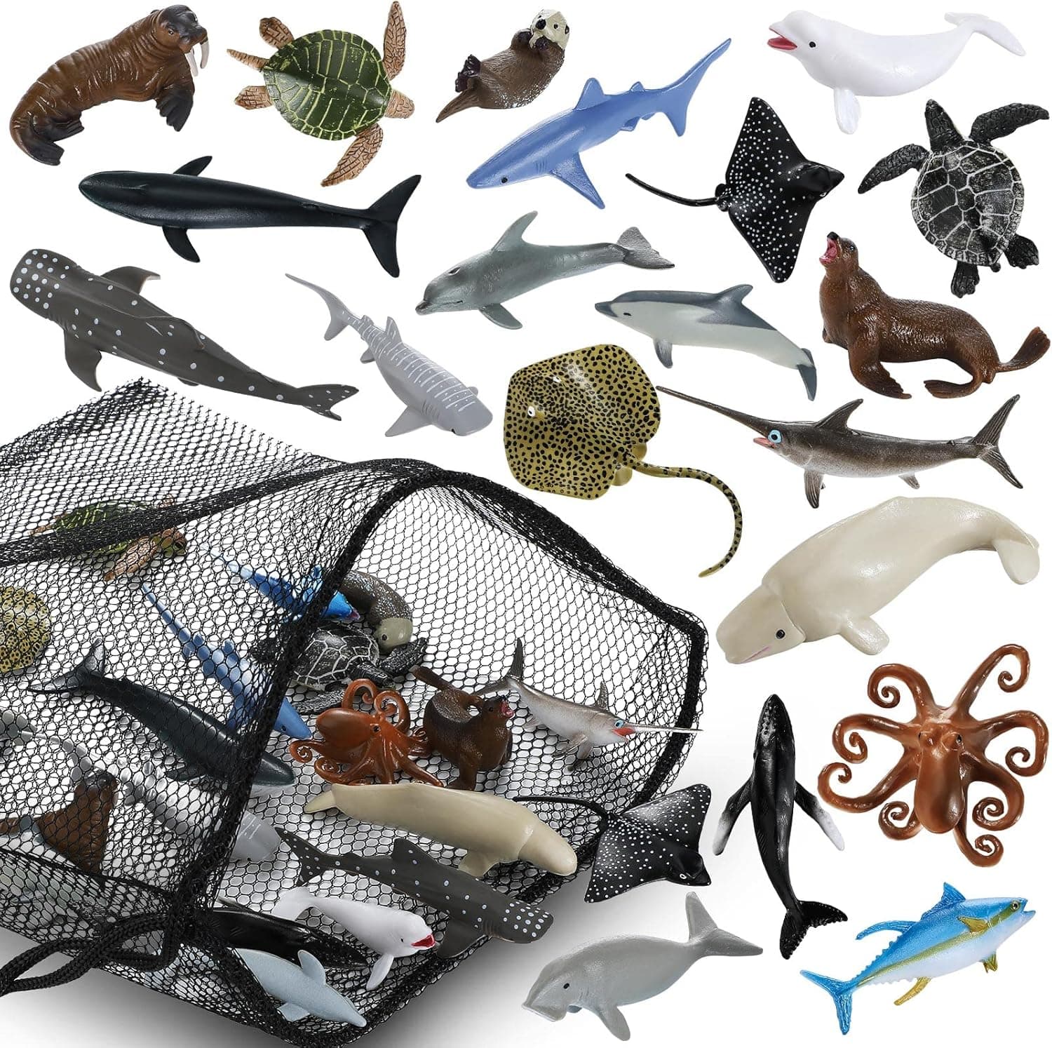 Civaner 20 Pack Realistic Shark Toys Ocean Animals Toys with Mesh Bag Assorted Sea Animal Toys Including Shark, Whale, Dolphin Bath Toys for Ocean Life Party Decor Party Favors for Daughter and Son