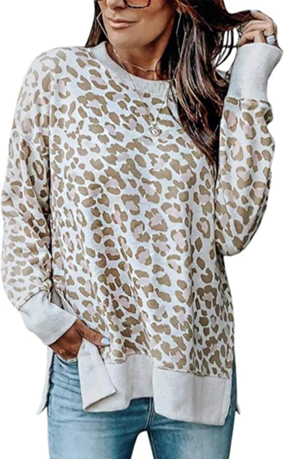 Angashion Women's Sweatshirts - Casual Leopard Print Crewneck Long Sleeve Oversized Pullover Tunic T Shirts Tops