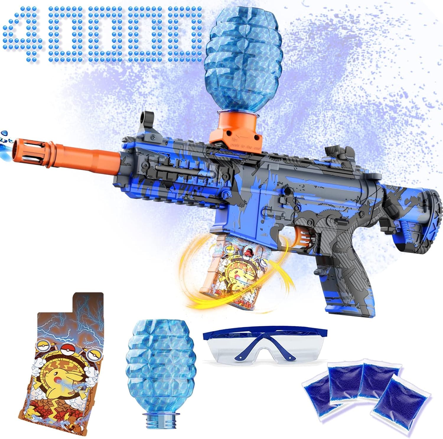 Electric Gel Ball Blaster, High Speed Automatic Splatter Ball Blaster with 40000+ Water Beads and Goggles, SUPBEC Rechargeable Splatter Ball Toys for Outdoor Activities Game Party Favors- Pika