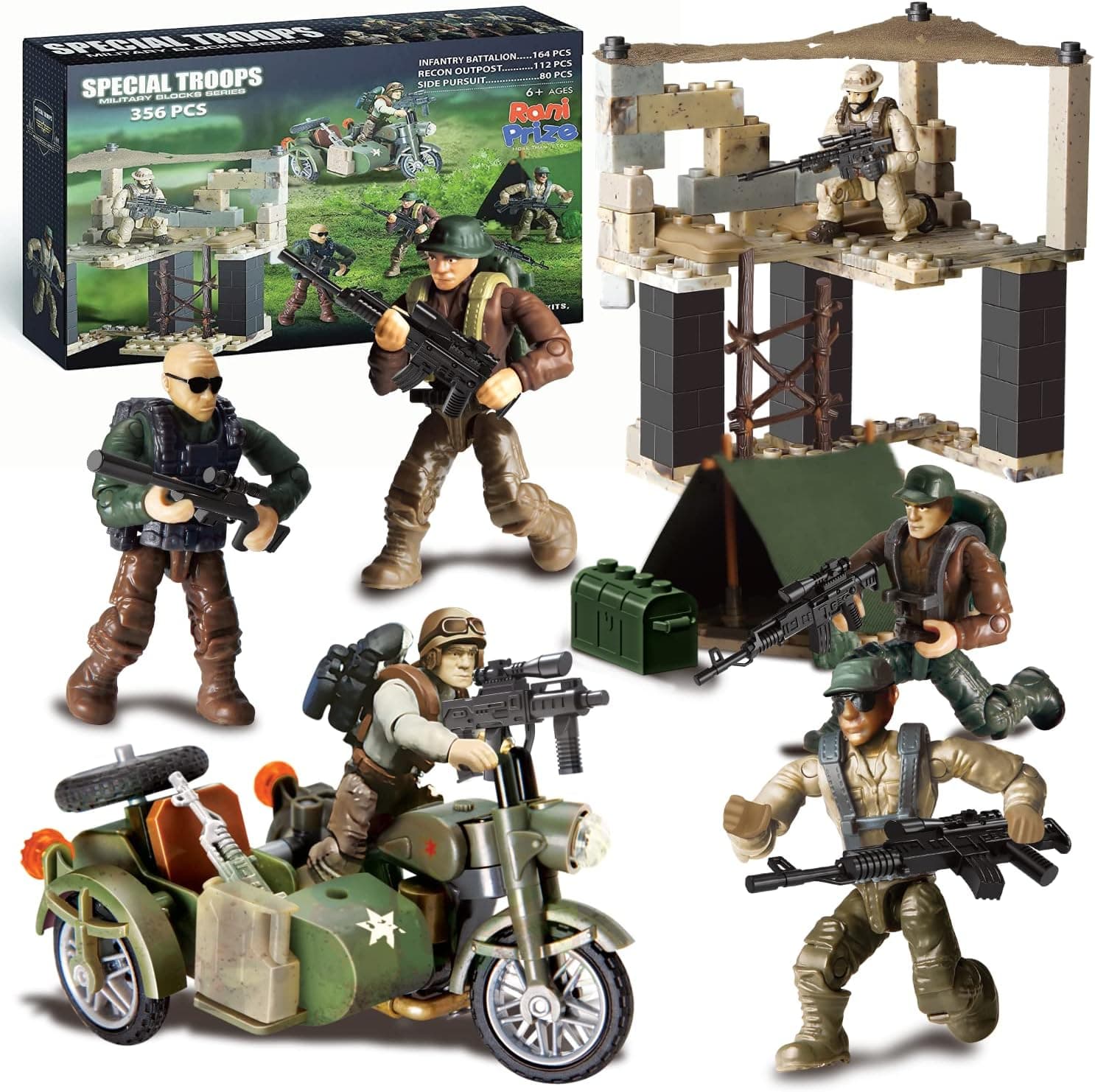 Special Forces Mini Action Figures - Includes 3 Building Sets - with 6 soldiers, Infantry Battalion, Recon Outpost, Side Pursuit - Special Troops Toy Gifts for 10 11 12+ Boys Kids Girls, 356 Pcs