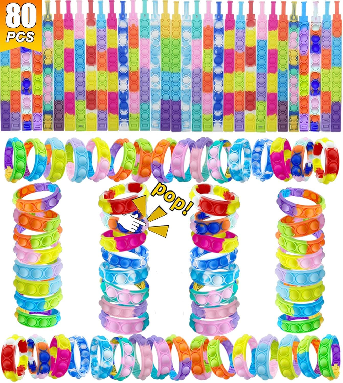 80PCS Push it Pop Fidget Bracelet, Pop Push Bubble Fidget Sensory Toy Pack Wrist Strap,Multicolor Stress Relief Finger Press Bracelets for Kids and Adults, Durable and Adjustable.