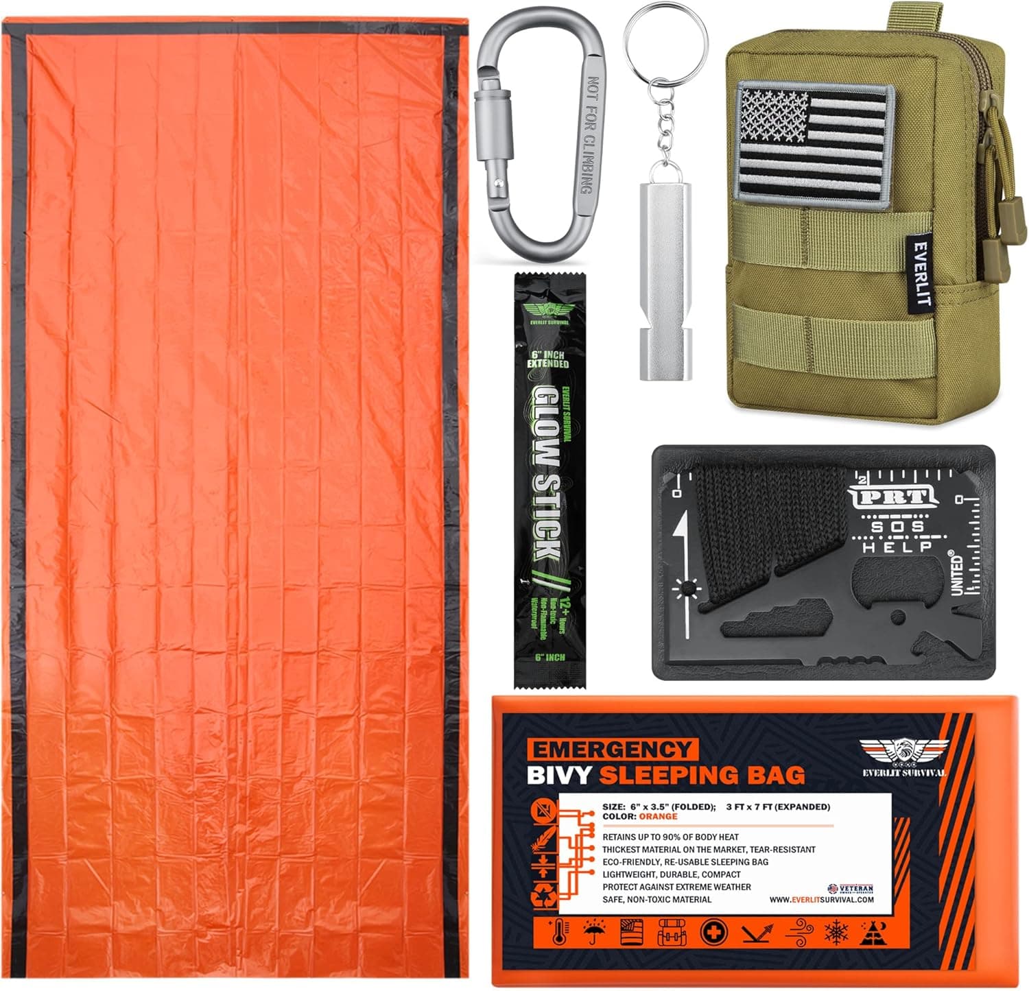 EVERLIT Bivy Sack Mylar Thermal Blanket Emergency Sleeping Bag Survival Kit, Glow Stick, Emergency Whistle, Multifunctional Tool Card, Tactical Pouch Perfect for Camping Hiking Outdoor
