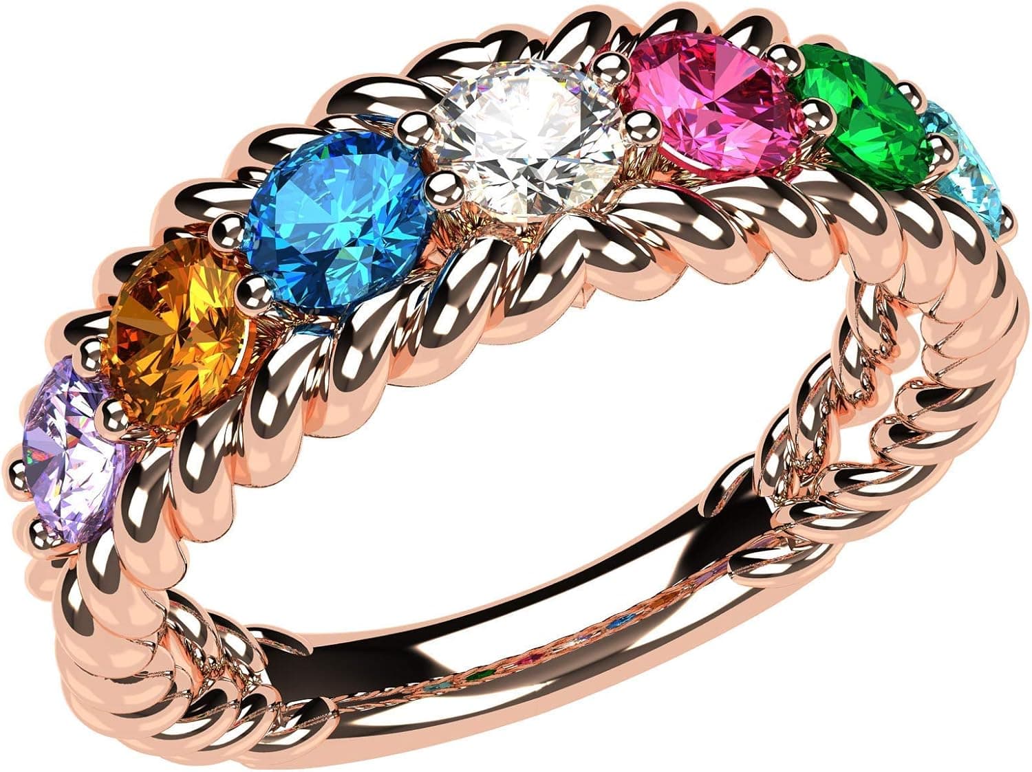 Central Diamond Center Rope Mothers Birthstone Ring with 1 to 10 Simulated Birthstones, Sterling Silver or 10K Gold