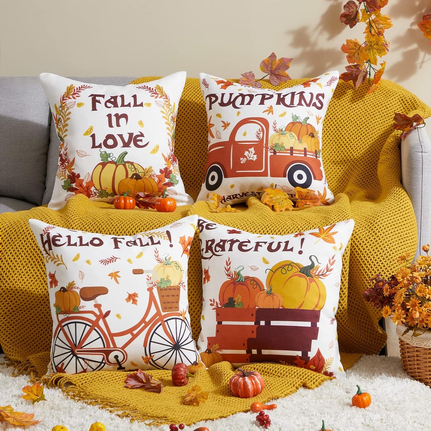 Topfinel Fall Pillow Covers 18x18 Set of 4 Farmhouse Pumpkin Pillow Covers Decorations Linen Cushion Case for Sofa and Home Decor 45x45cm