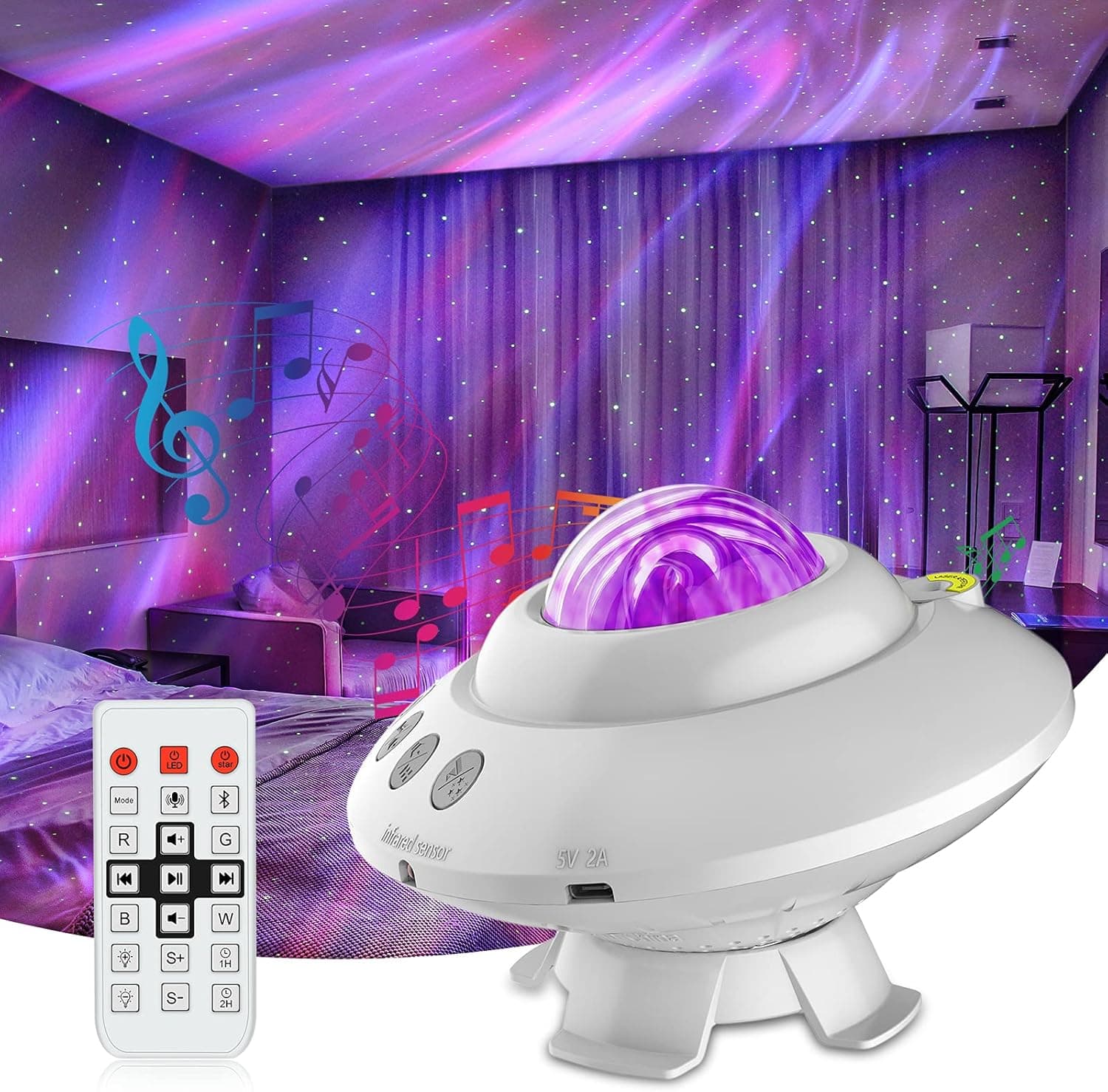 IXI Aurora Star Projector, Night Light Projector with 14 Lighting Effects, Remote Control UFO Shaped Galaxy Projector Night Light with Bluetooth Speaker, Timer & Voice Control for Gift, Kids' Bedroom