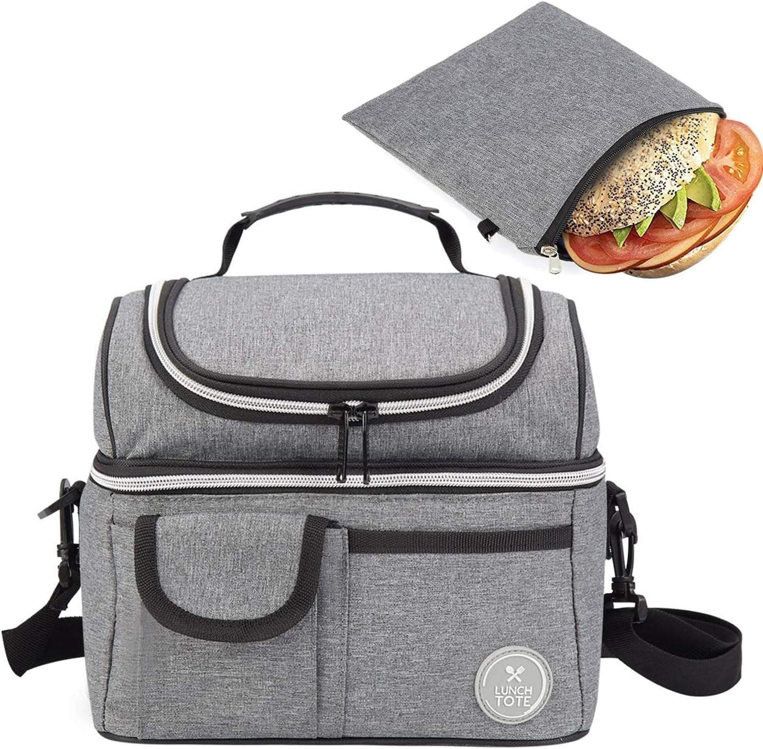 Lunch Tote Bag & Reusable Sandwich Bag Bundle - Double Compartment Lunch Tote and snack Ziploc Bag - Food Grade Quality -Insulated Lunch Box for Kids Women Men - Eco-Friendly Travel Lunch Cooler