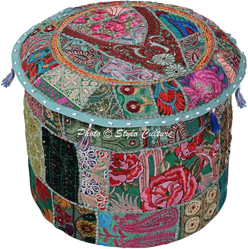 Stylo Culture Ethnic 18" Cotton Patchwork Embroidered Fabric Pouffe Ottoman Stool Pouf Cover Green Floral Bean Bag Round Footstool Floor Cushion Indian Decor Bean Home