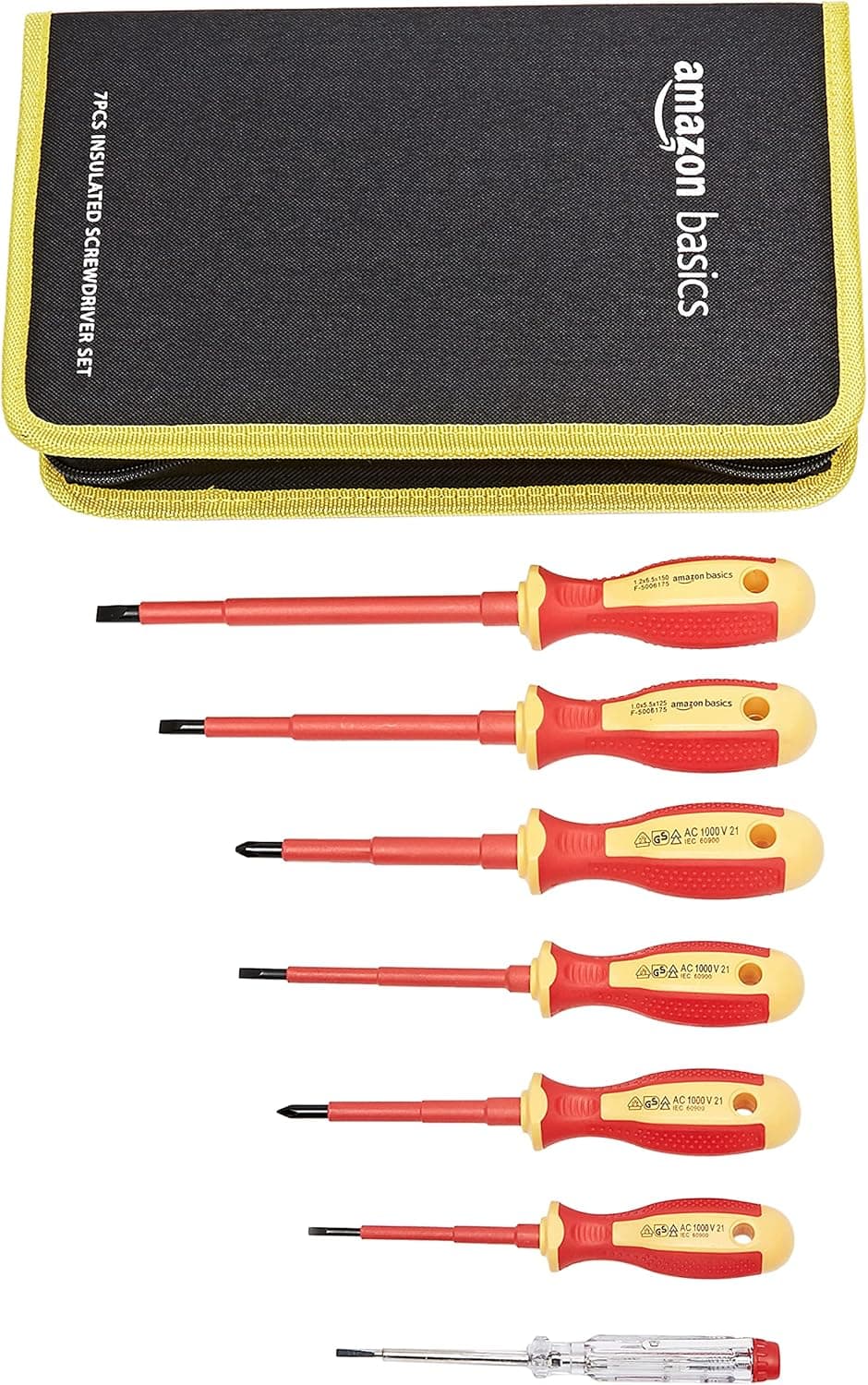 Amazon Basics 1000 Volt VDE Insulated Screwdriver Set with 1-Piece Voltage Test, 7-Piece
