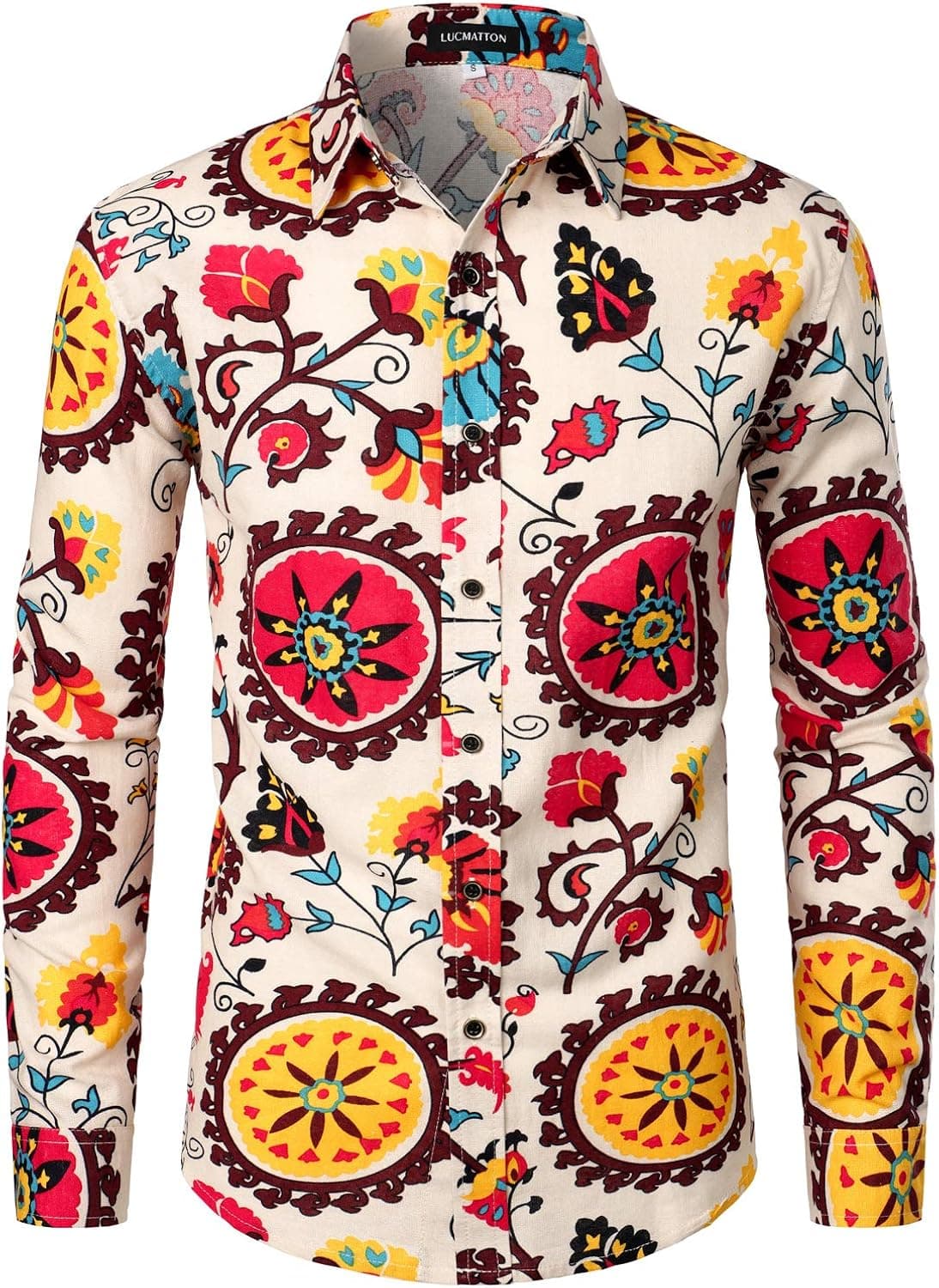 LucMatton Men's Linen Stylish Traditional Pattern Printed Long Sleeve Button up Shirt