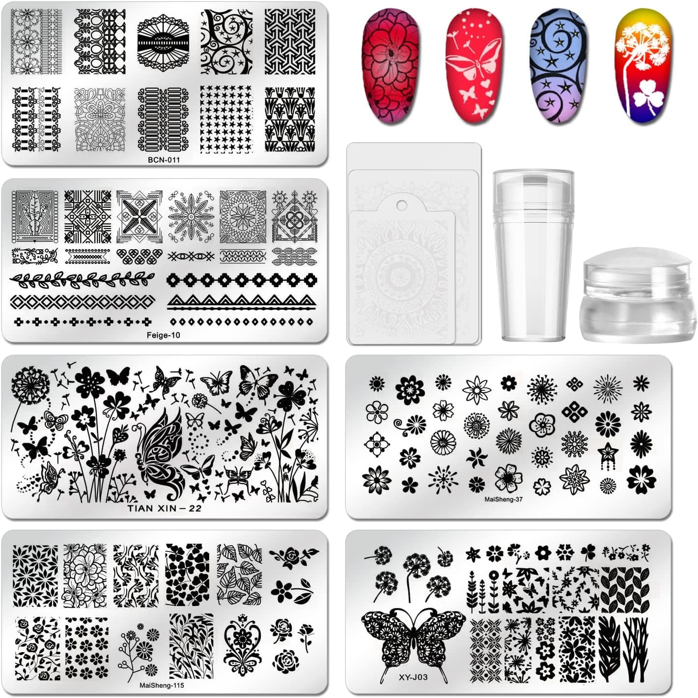 BISHENG 6 Pcs Nail Stamper Kit 2 Stamper 3 Scraper Nail Flowers and Butterflies Image Plate Stencil Nails Tool Nail Art Plate Scraper Stamper Set