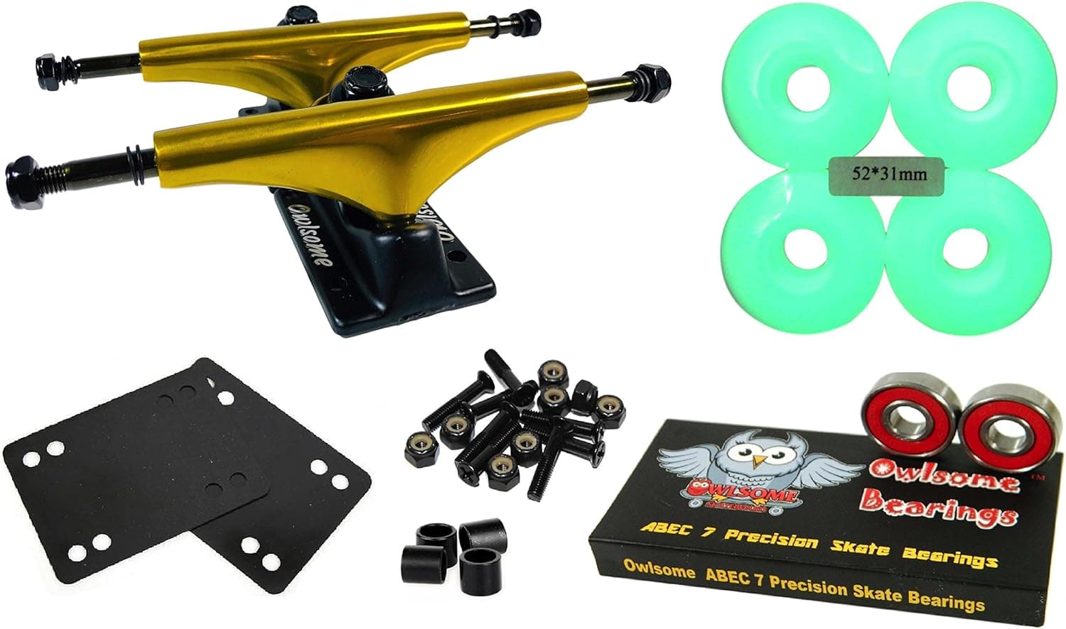 Owlsome 5.25 Metallic Gold/Black Aluminum Skateboard Trucks w/ 52mm Wheels Combo Set