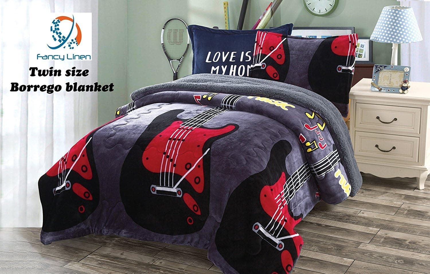 Fancy Collection 2pc Twin Size Blanket Black Red Guitar Sumptuously Soft Plush with Sherpa Winter Blankets Bedspread Super Soft New #212
