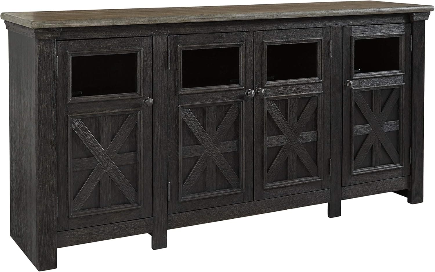 Signature Design by Ashley Tyler Creek Farmhouse TV Stand Fits TVs up to 72", 4 Glass Doors, 3 Adjustable Storage Shelves, Dark Gray