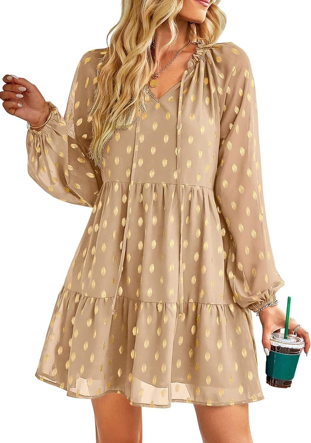 KIRUNDO Women's Long Sleeve V Neck Ruffle Polka Dot Mini Casual Loose Tiered Swing Tunic Dresses