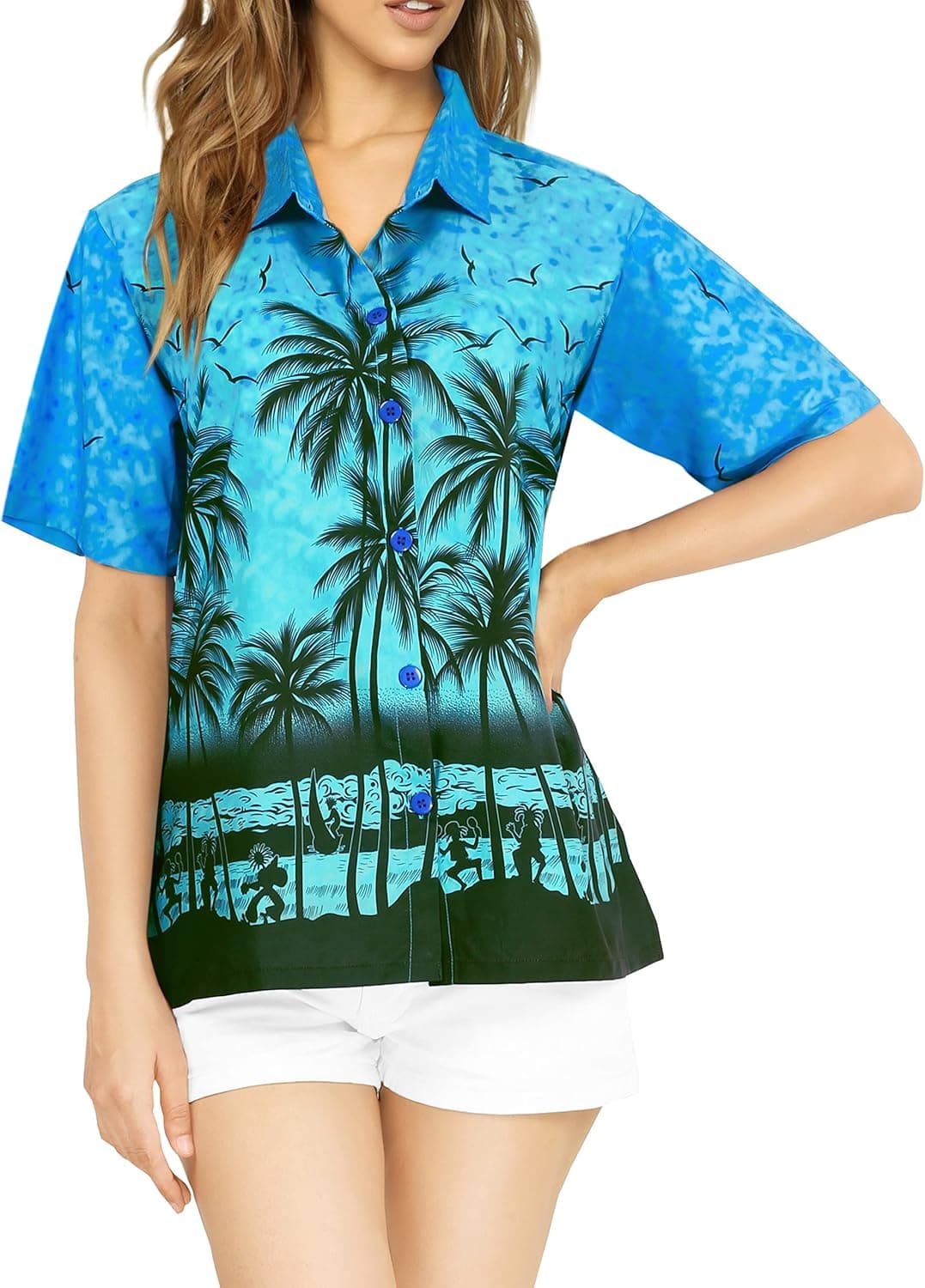 LA LEELA Women's Tropical Blouse Dress Shirt Button Down Short Sleeve Beach Hawaiian Summer Shirts for Women