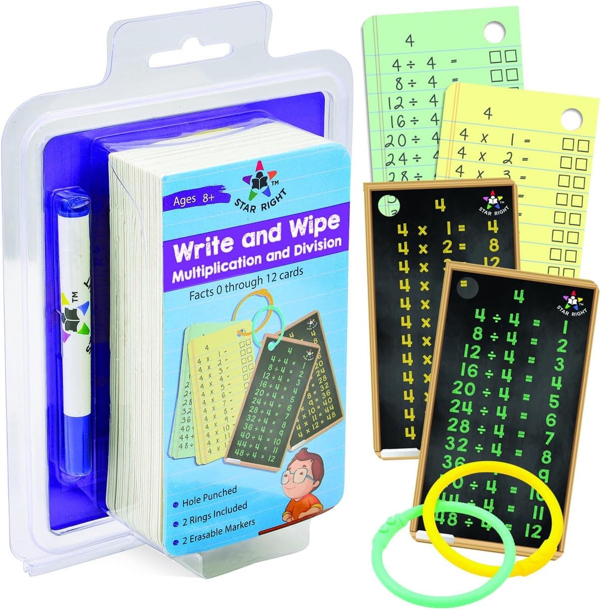 Star Right Multiplication and Division Flash Cards, Write and Wipe Dry Erase Flash Cards Facts 0-12, Hole Punched, 2 Rings Included, 2 Erasable Markers, for Ages 8 & Up