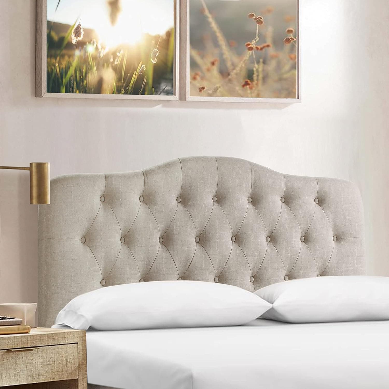 Rosevera Givanna Adjustable Height Headboard with Linen Upholstery and Button Tufting for Bedroom, King, Natural