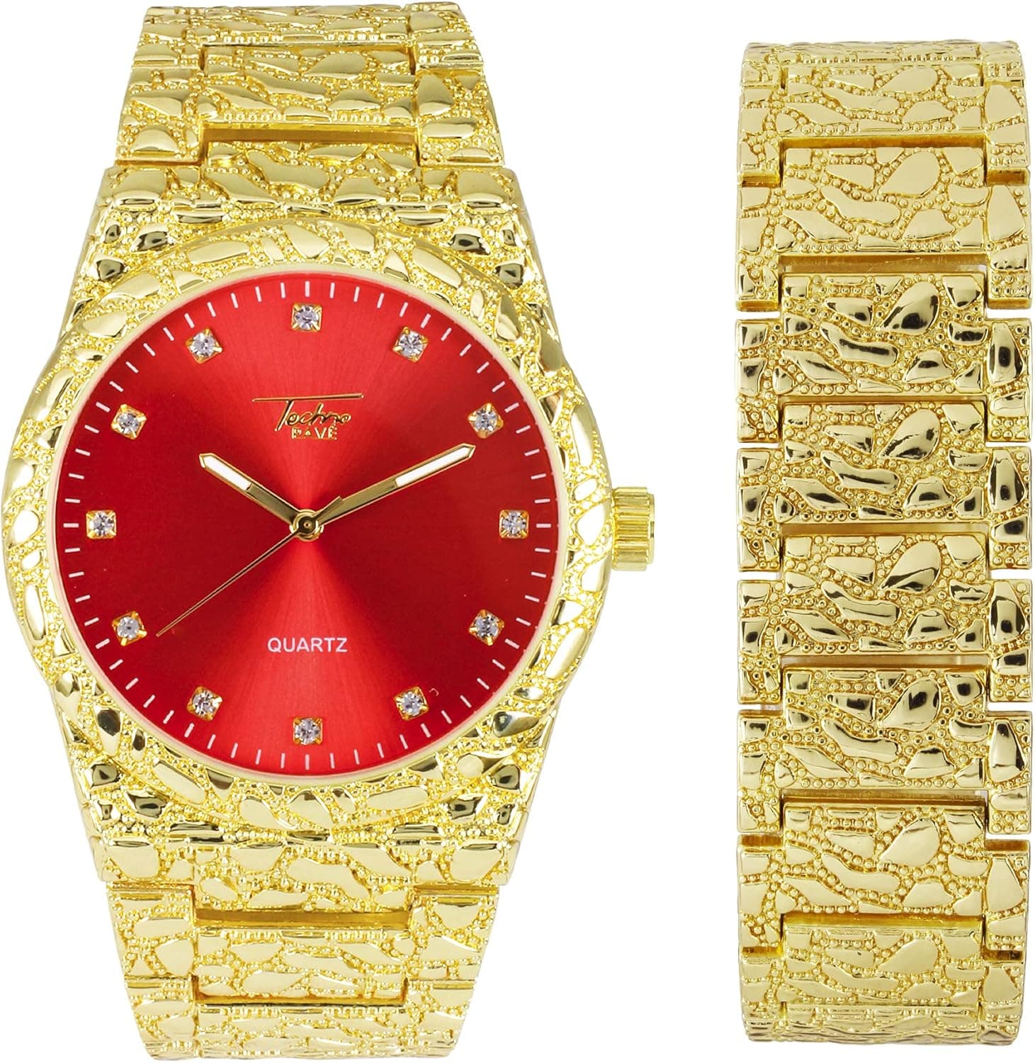 Techno Pave Men's Nugget Watch & Bracelet Set - Diamond Accent Dial - Adjustable - Quartz - 14k Gold Tone/Silver Finish