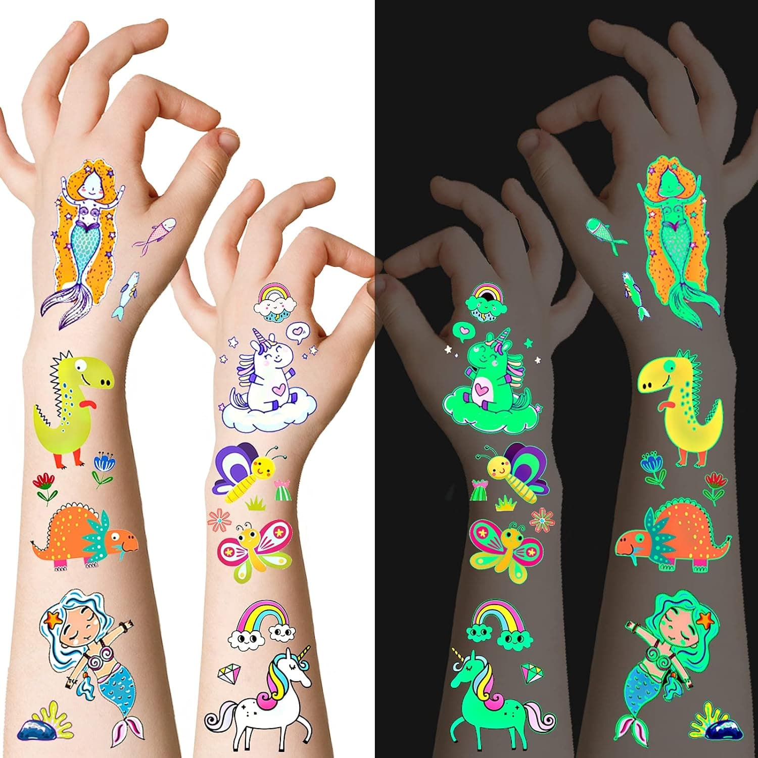 Luminous Temporary Tattoos for Kids, 260pcs Waterproof Fake Tattoos Stickers with Cartoon Unicorn Dinosaur Butterfly Mermaid for Girls, Glow Party Supplies Gifts (20 sheets)