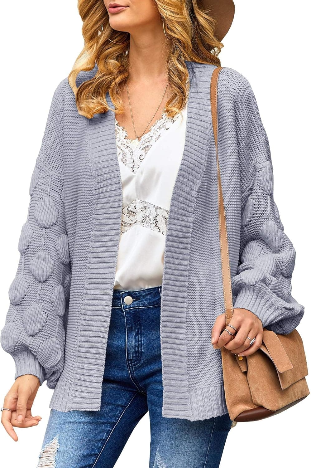 Misassy Womens Oversized Sweaters Open Front Lantern Pom Pom Sleeve Loose Cable Chunky Knit Cardigan Coats