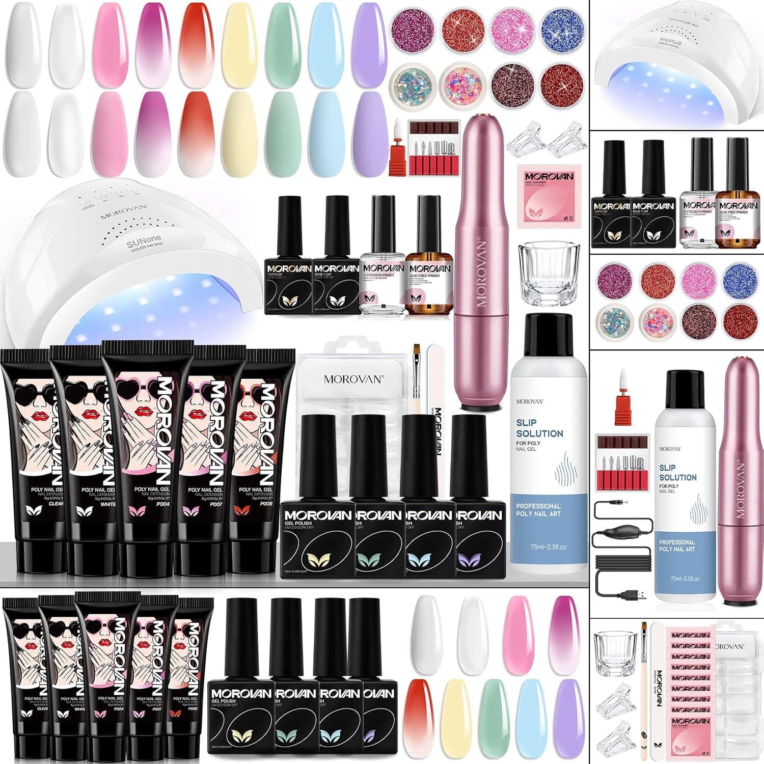 Morovan Poly Gel Nail Kit - Poly Gel Kit with Drill and 48W UV/LED Lamp Professional Nail Extension Gel for Beginners Luminous Poly Nail Gel Kit with Everything Bulide Gel Kits with Poly Gel Nail Art Tools Nail Art Starter Supplies