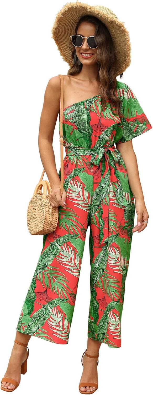 Ayliss Women's Summer Short Sleeve One Off Shoulder Jumpsuit Floral Elastic Wide Leg Pants Hight Waist Playsuit Romper Beach