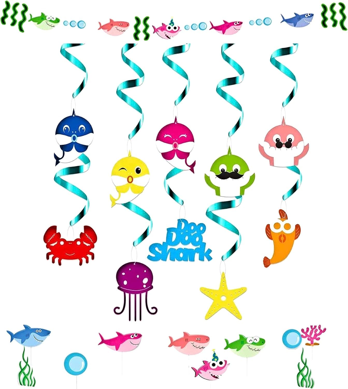 Baby Shark Party Decorations Little Shark Swirl Hanging Decorations Shark Cake Topper Baby Shark Cupcake Toppers and Little Shark Banner 21pcs