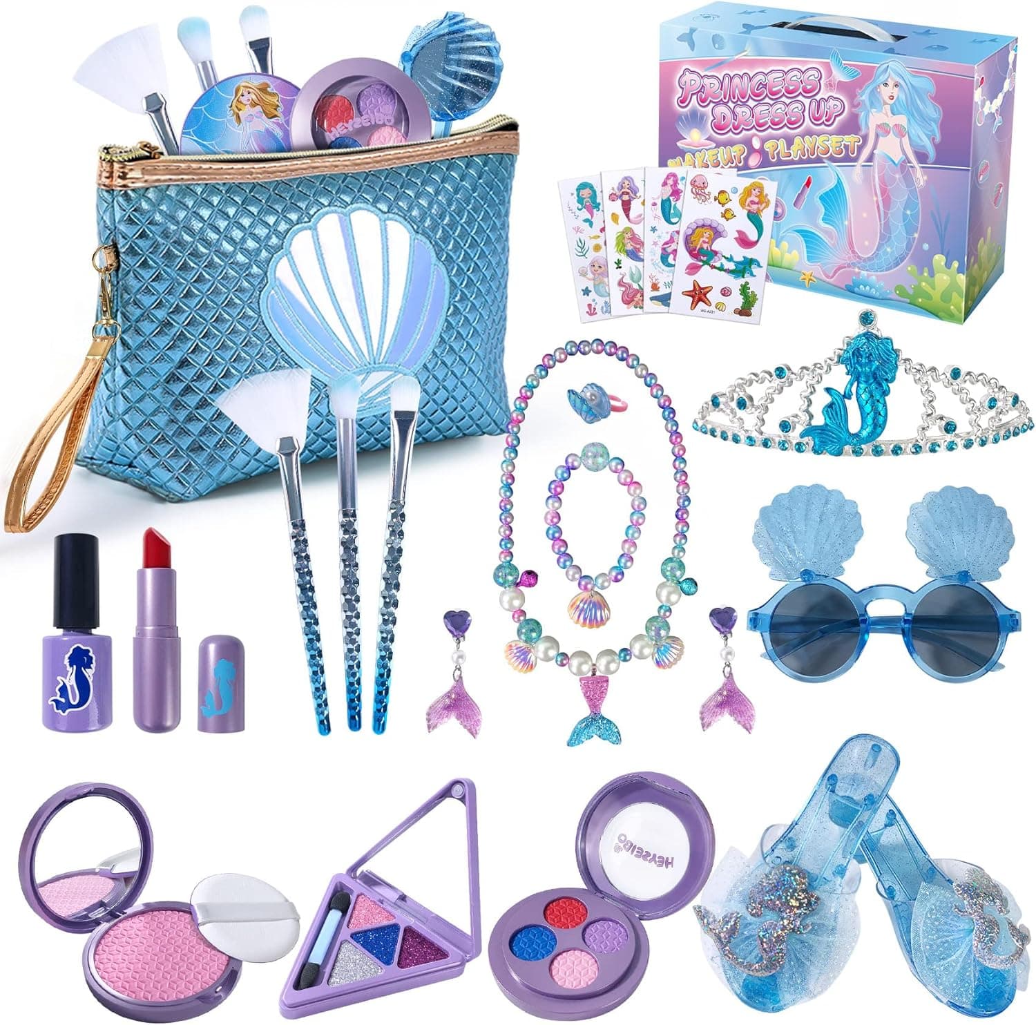 Princess Cosplay Toy for Girls, Dress Up & Pretend Play Makeup Starter Toys Kit with Stylish Bag, Crown, Makeup, Shoes Jewelry for 3-12 Years Old Girls Birthday Halloween Christmas Costumes Party