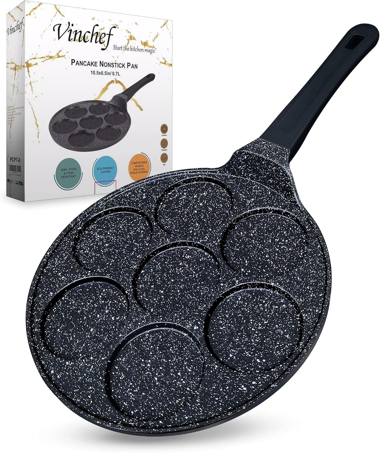 Vinchef Silver Dollar Pancake Pan Nonstick, Crepe Maker Cast Aluminum Pancake Griddle, PFOA Free (7 Cups)
